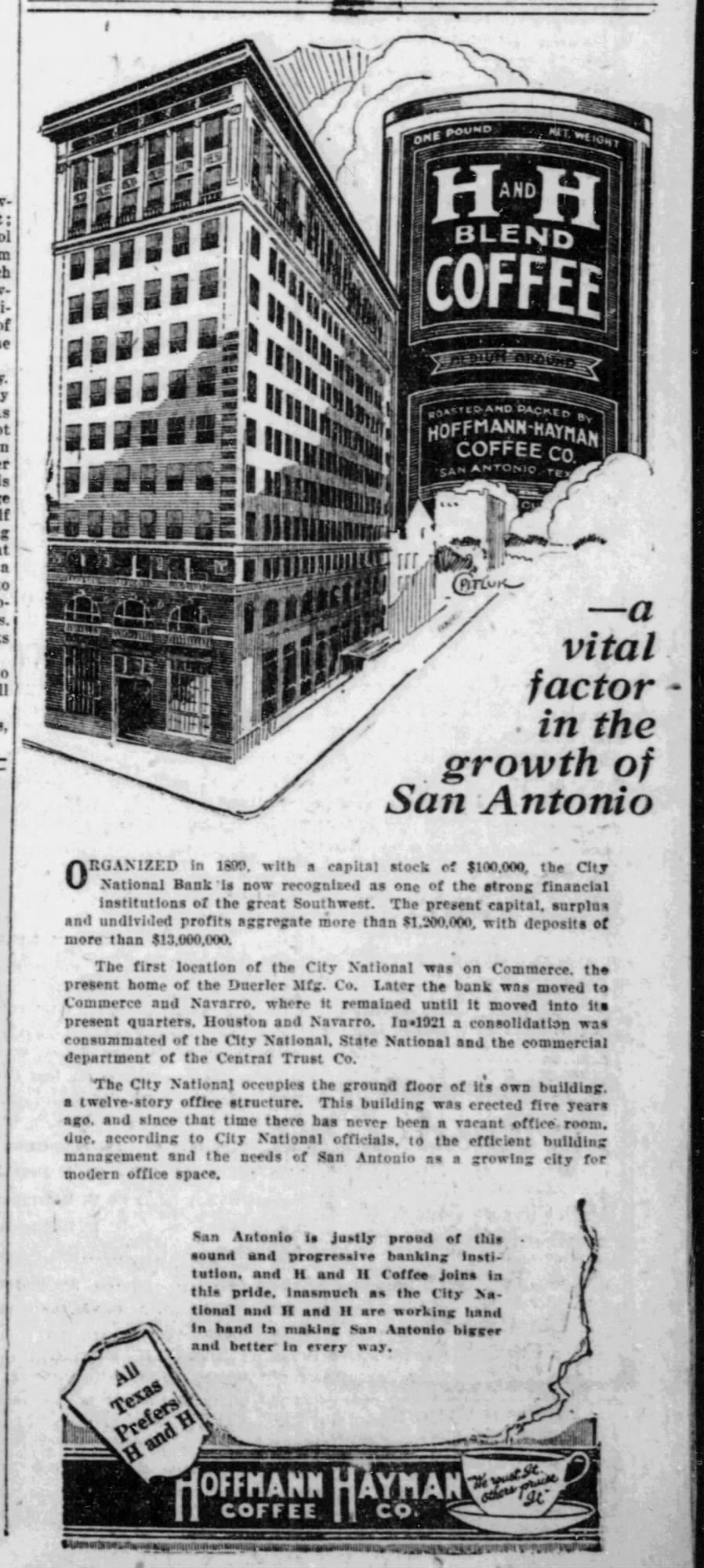 Express-News, 16 Dec 1924 — City National / H and H Cooperative newspaper ad — City National Bank history plus H and H Coffee tag — Express-News, 16 Dec 1924, page 13