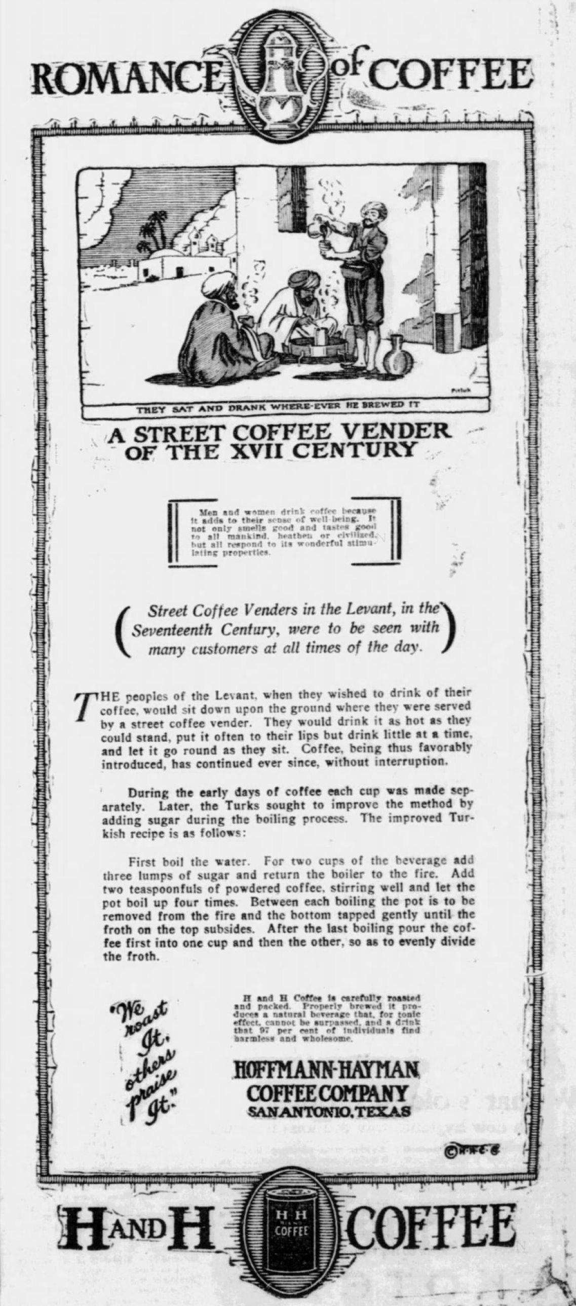 Romance of Coffee — 21 Jan 1925, page 7 “Romance of Coffee” illustrated ad with Levant street-vendor scene; San Antonio Express-News clip dated 21 Jan 1925, page 7
