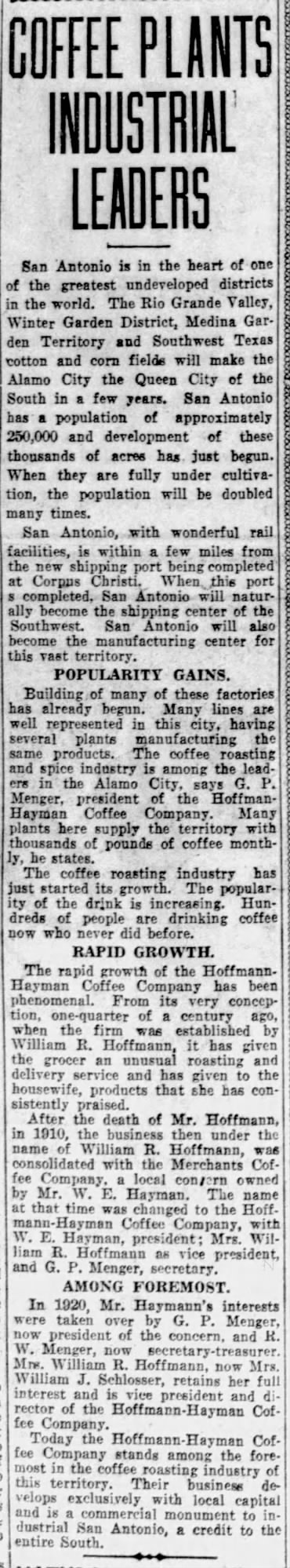 San Antonio Light, 4 Oct 1925 — coffee roasting leaders Sunday feature — Rio Grande / Medina Garden trade territory; Hoffmann-Hayman growth; quote from G. P. Menger — San Antonio Light, 4 Oct 1925, page 74
