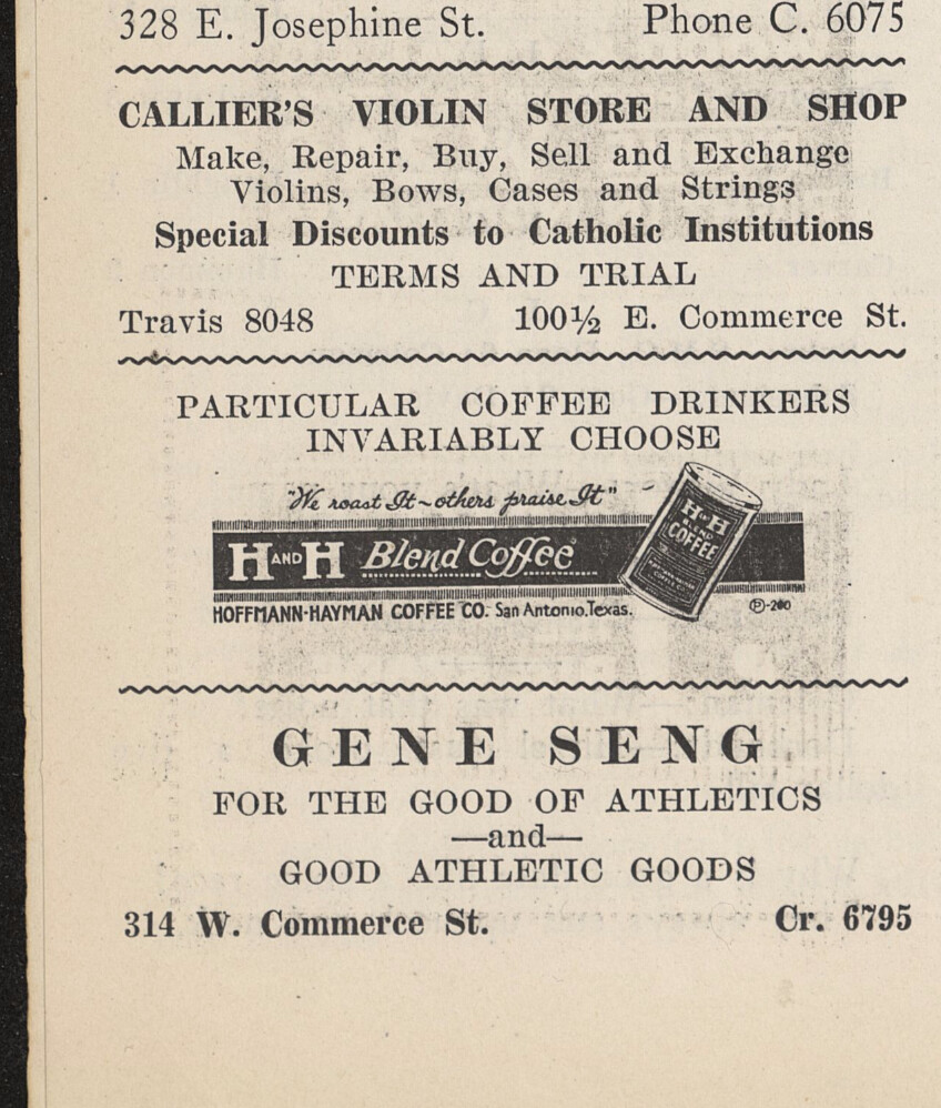 The Rattler, 9 Mar 1926 — page 4 column The Rattler (San Antonio), 9 Mar 1926, page 4 — vertical column with Callier's Violin Shop ad, Hoffmann-Hayman H and H Blend coffee display ad with tin illustration, and Gene Seng athletic goods ad