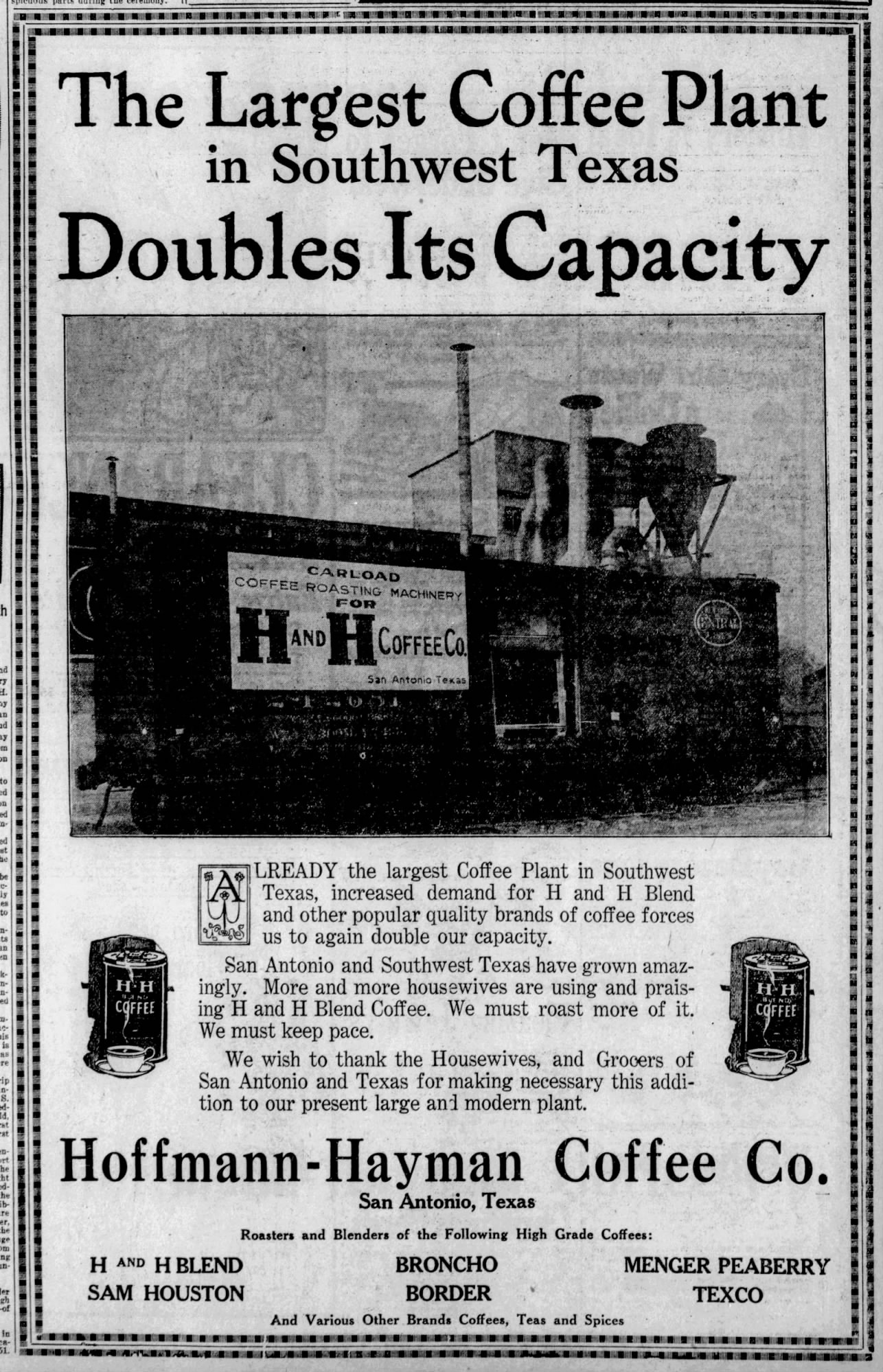 San Antonio Light — largest coffee plant capacity ad, 28 November 1926