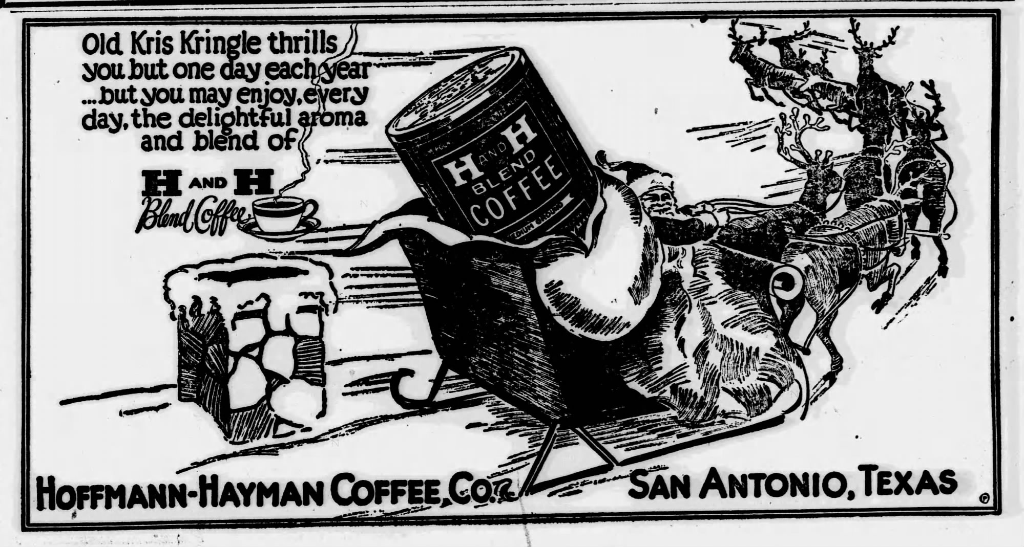 The News, 22 Dec 1926 — Kris Kringle / H and H Blend Holiday display — Santa’s sleigh carries oversized H and H Blend tin — The News (San Antonio), 22 Dec 1926, page 20