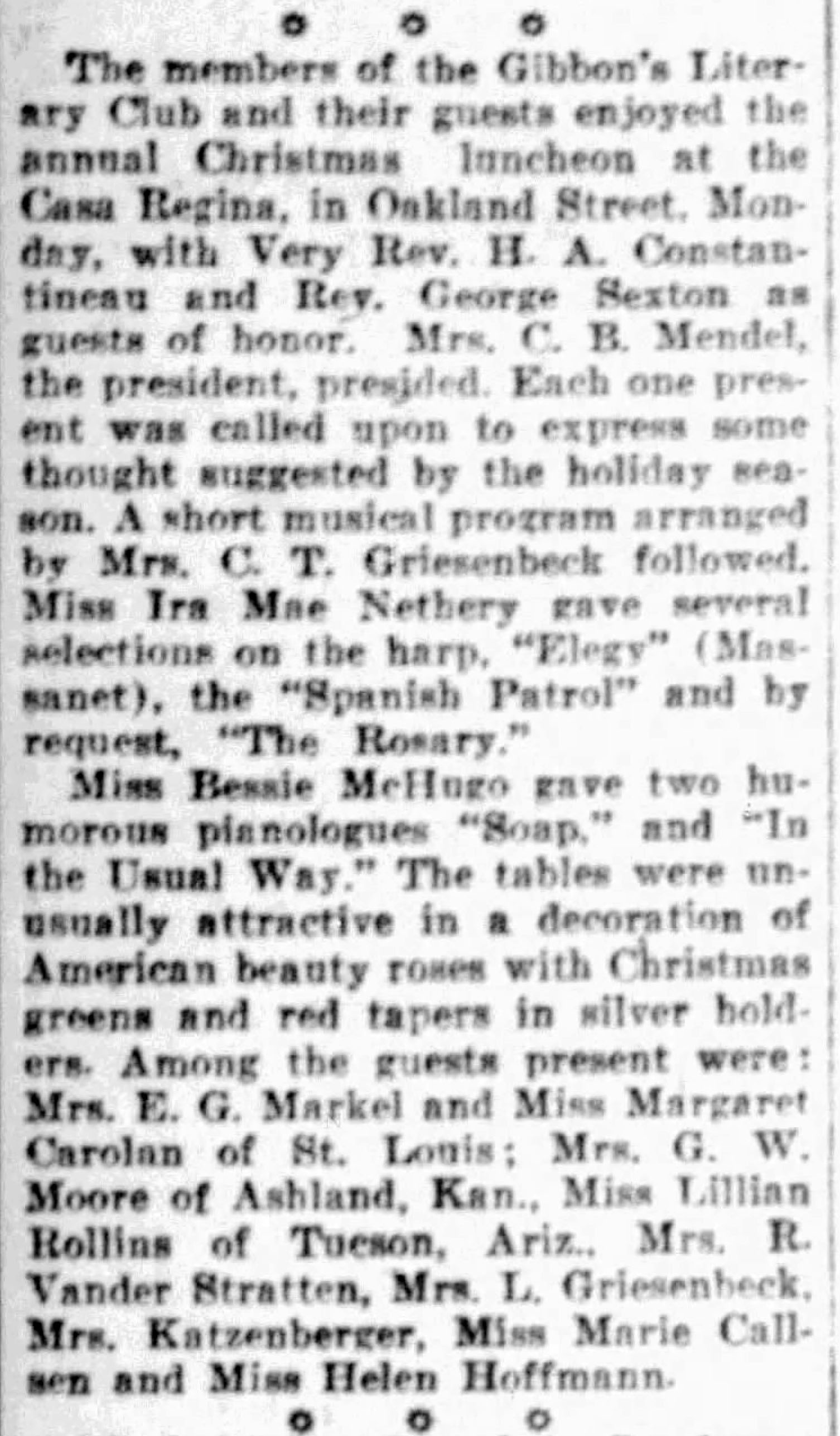 Helen Hoffmann at Gibbon's Literary Club Christmas luncheon — Express-News, 2 Jan 1927 Helen Hoffmann at Gibbon's Literary Club Christmas luncheon — Express-News, 2 Jan 1927