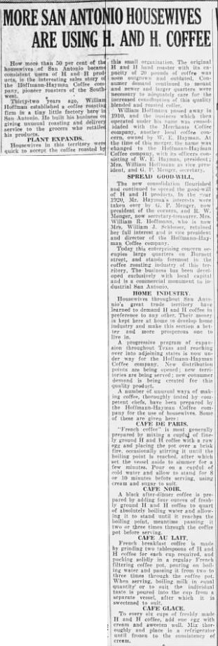 San Antonio Light, 21 Feb 1930 — housewives / H and H Women’s-page feature — Hoffmann-Hayman promotion with recipes — San Antonio Light, 21 Feb 1930, page 21