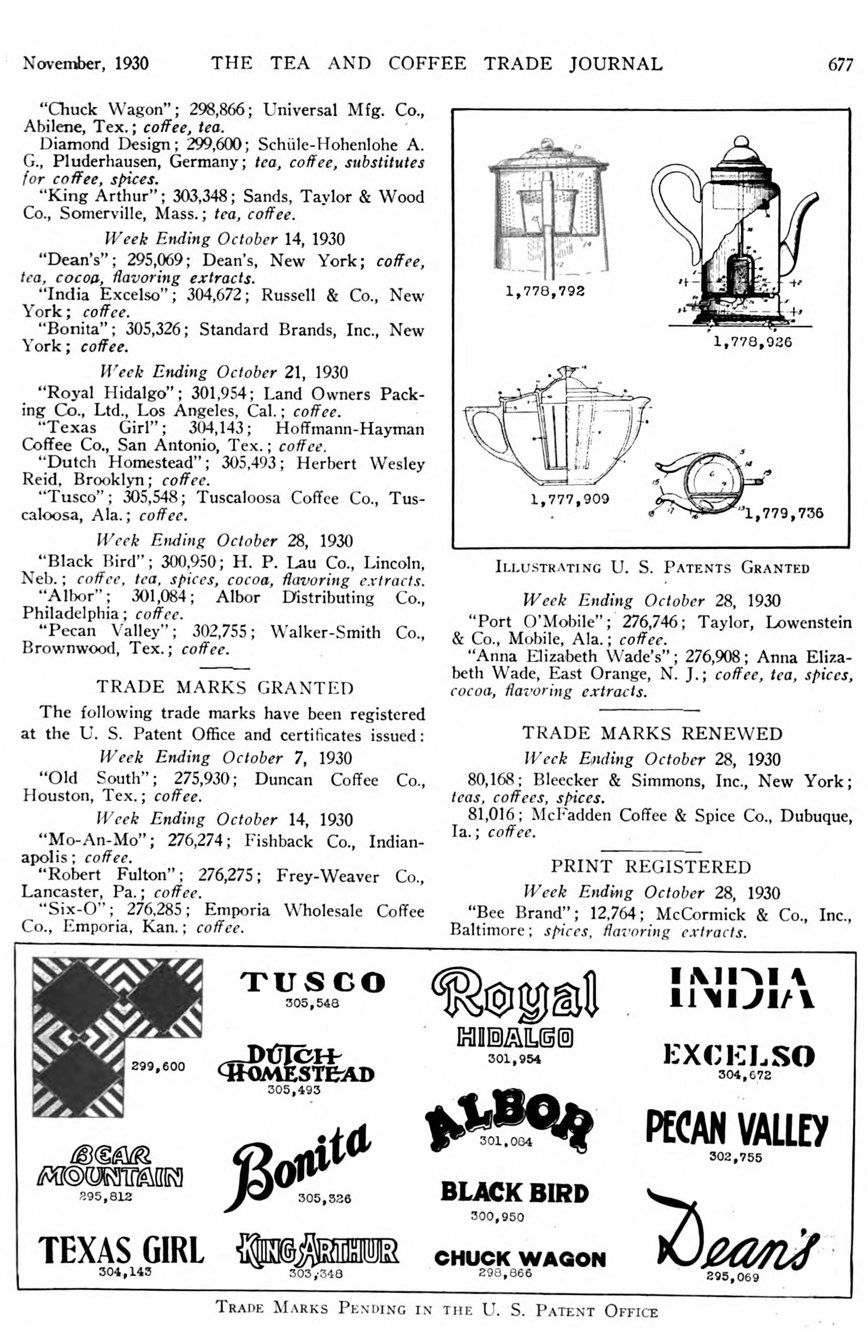 Texas Girl trademark pending — Tea & Coffee Trade Journal, November 1930