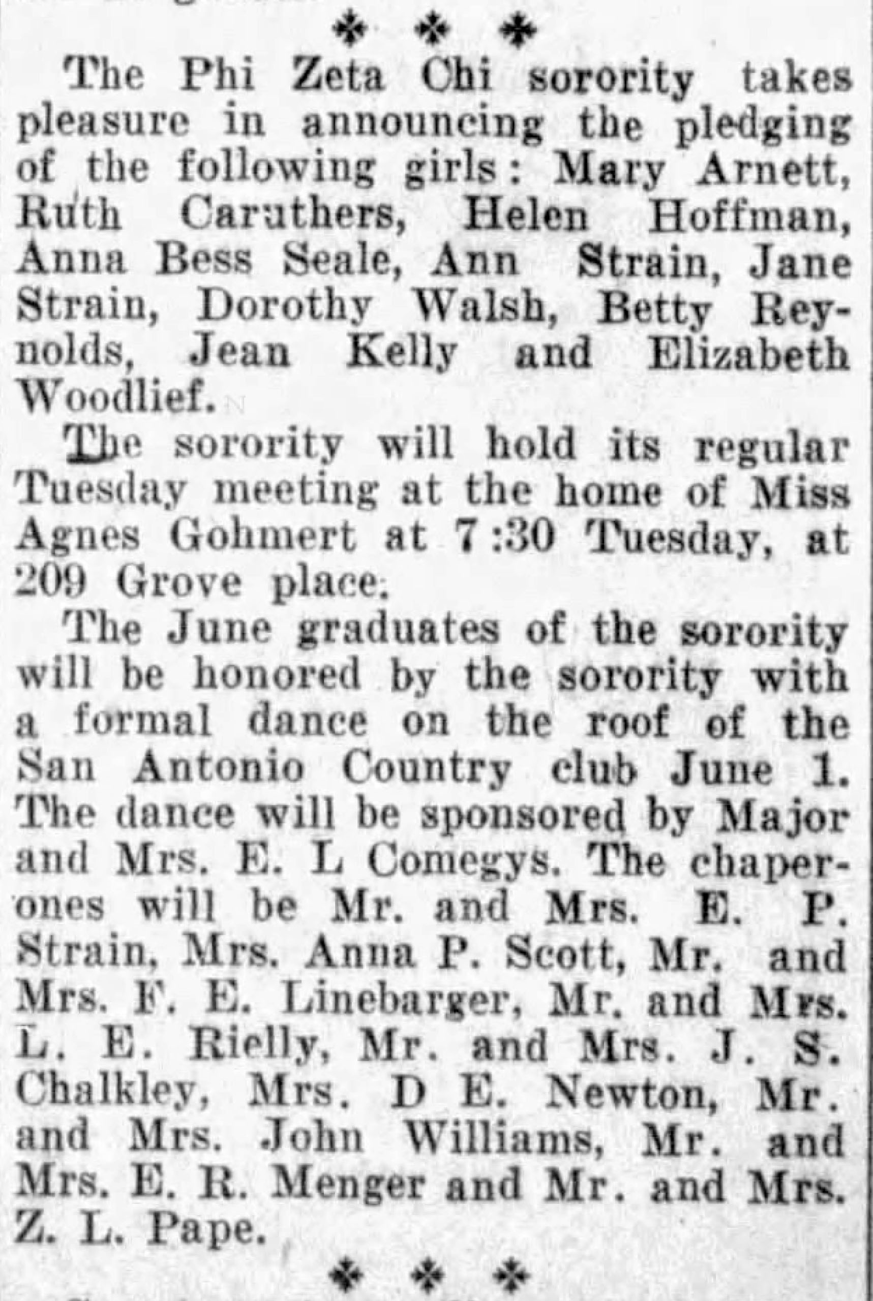 Helen Hoffmann pledges Phi Zeta Chi — San Antonio Light, 26 May 1931 Helen Hoffmann pledges Phi Zeta Chi — San Antonio Light, 26 May 1931