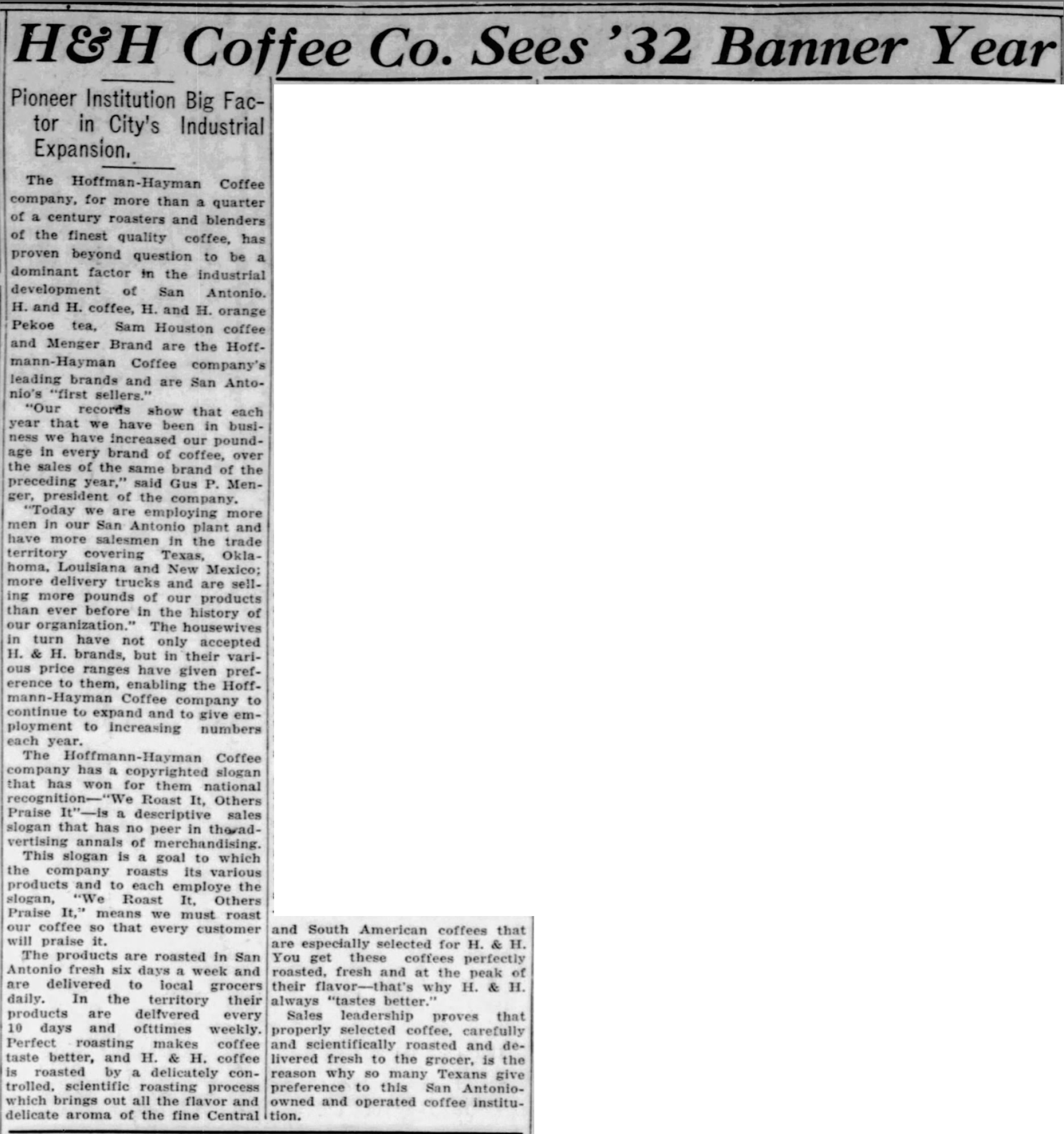 H & H Coffee Co. Sees '32 Banner Year — The News, 5 Mar 1932 H & H Coffee Co. Sees '32 Banner Year — The News, 5 Mar 1932, page 8 (lead story, adjacent columns, Mitrovich Cafe photo)