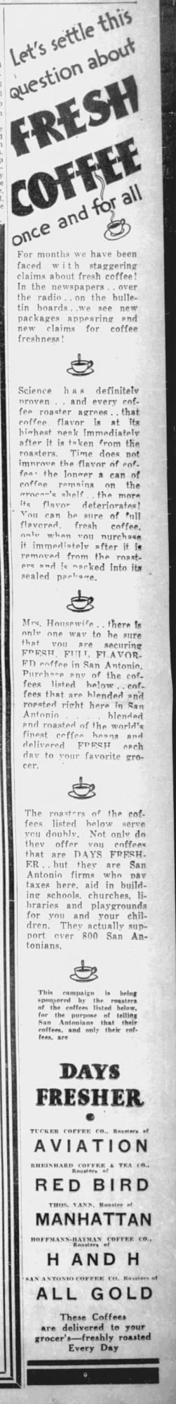 San Antonio Light — 25 March 1932, page 29 Vertical display advertisement — headline on fresh coffee, body copy on local roasting, roster of San Antonio coffee firms including Hoffmann-Hayman H and H