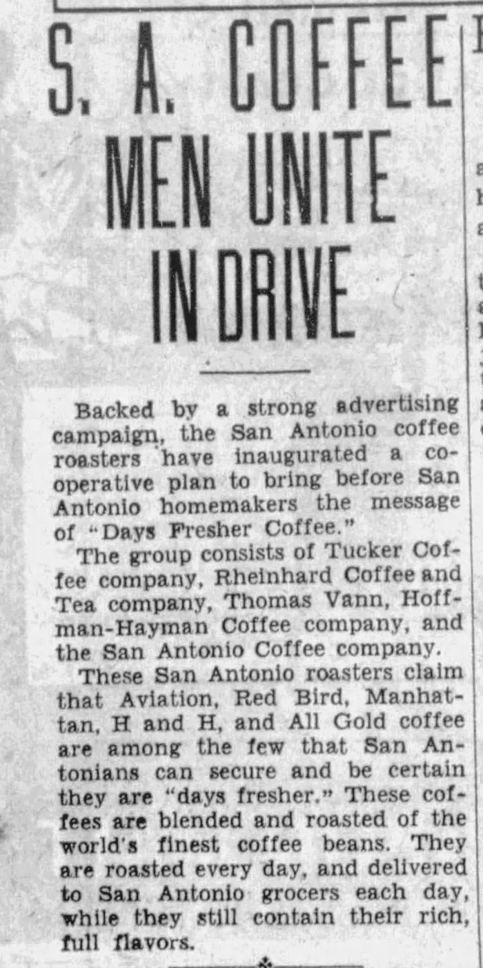 San Antonio Light — 25 March 1932, page 29 Newspaper column — headline “S. A. COFFEE MEN UNITE IN DRIVE,” body on cooperative “Days Fresher Coffee” campaign listing roasters including Hoffman-Hayman