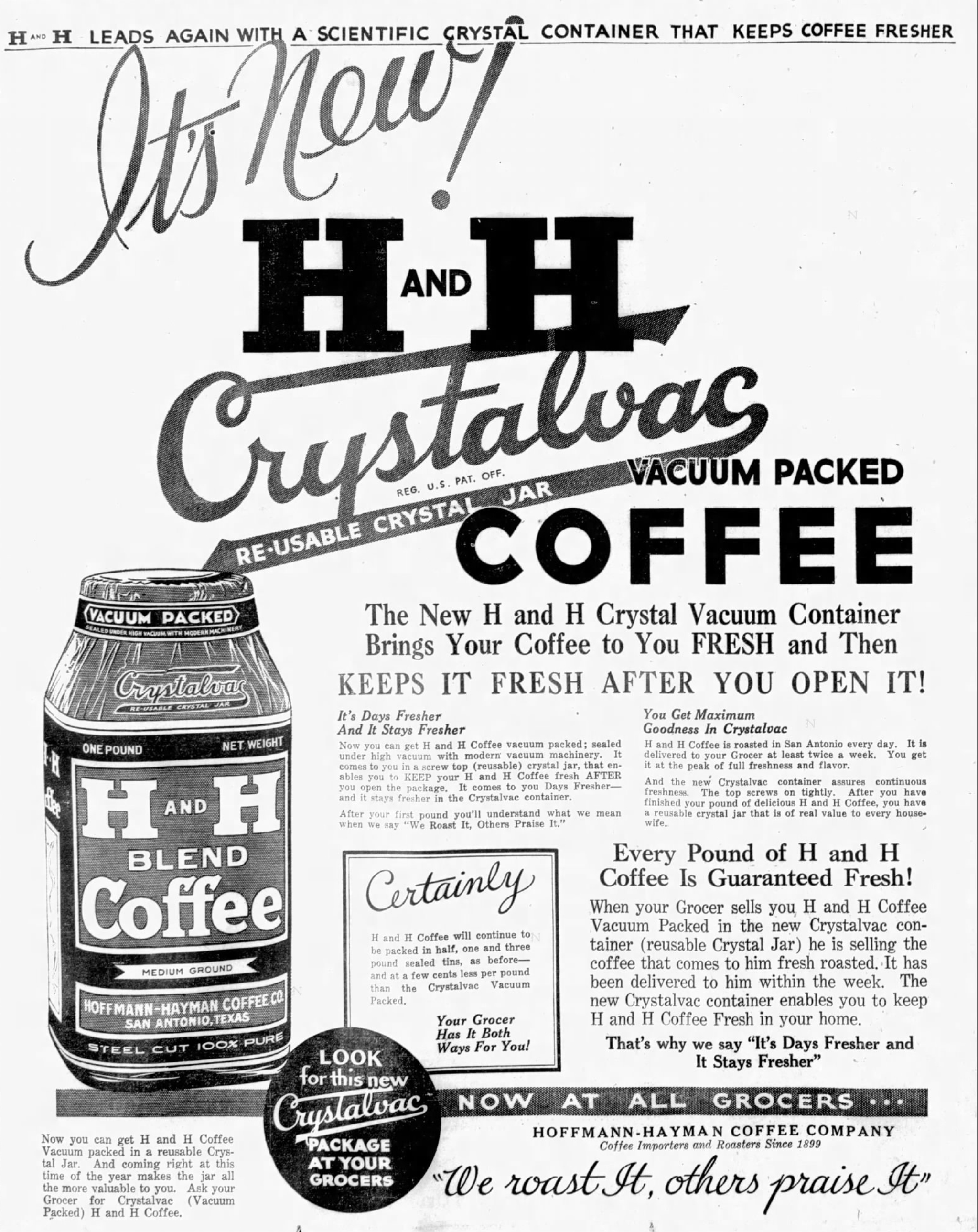 H and H Crystalvac — San Antonio Light, 3 Jun 1932 Display ad — H and H Crystalvac re-usable crystal jar, vacuum packed; San Antonio Light, 3 Jun 1932, page 28
