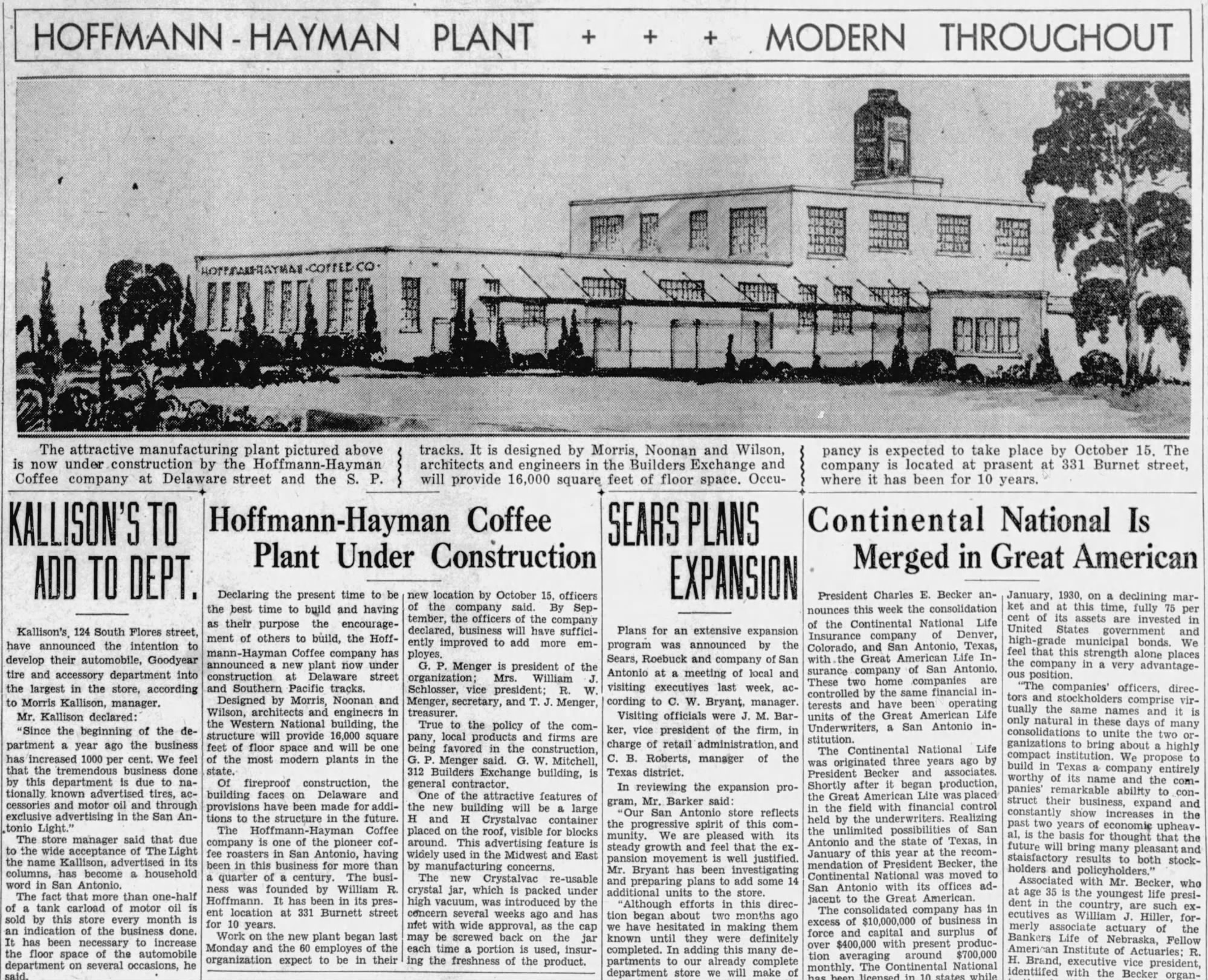 Hoffmann-Hayman plant — San Antonio Light, 24 Jul 1932 Plant rendering and columns — Hoffmann-Hayman Delaware Street works; San Antonio Light, 24 Jul 1932, page 29