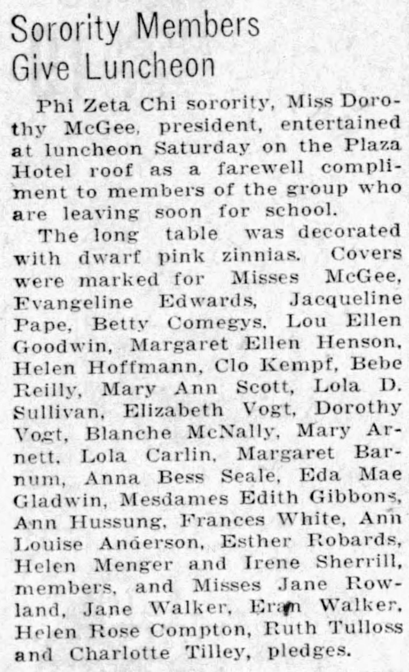 Phi Zeta Chi sorority luncheon, Plaza Hotel — Express-News, 12 Sep 1932