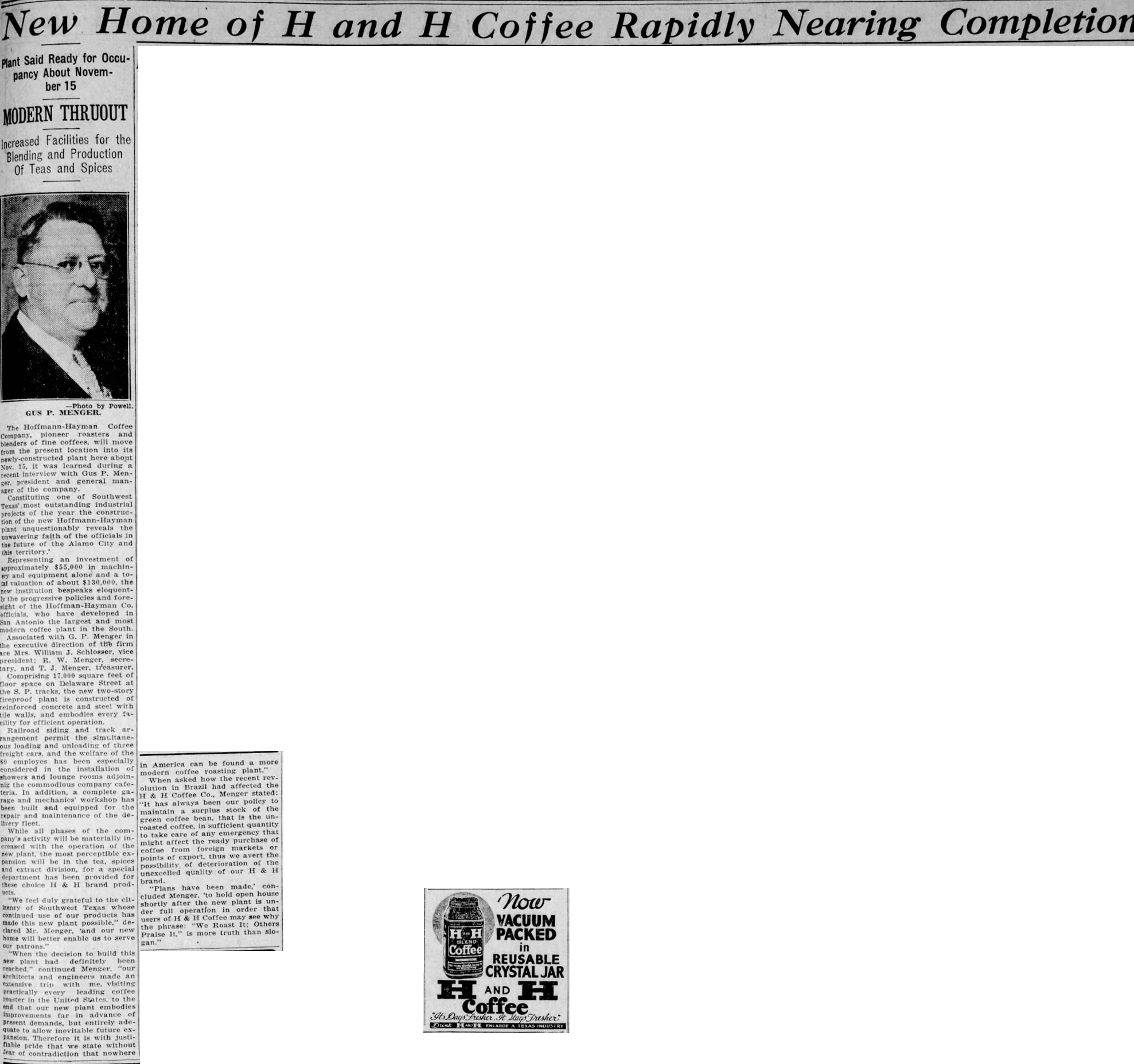 New home of H and H coffee — The News, 22 Oct 1932, page 7 News feature with plant photograph, new Hoffmann-Hayman building; The News, 22 Oct 1932, page 7