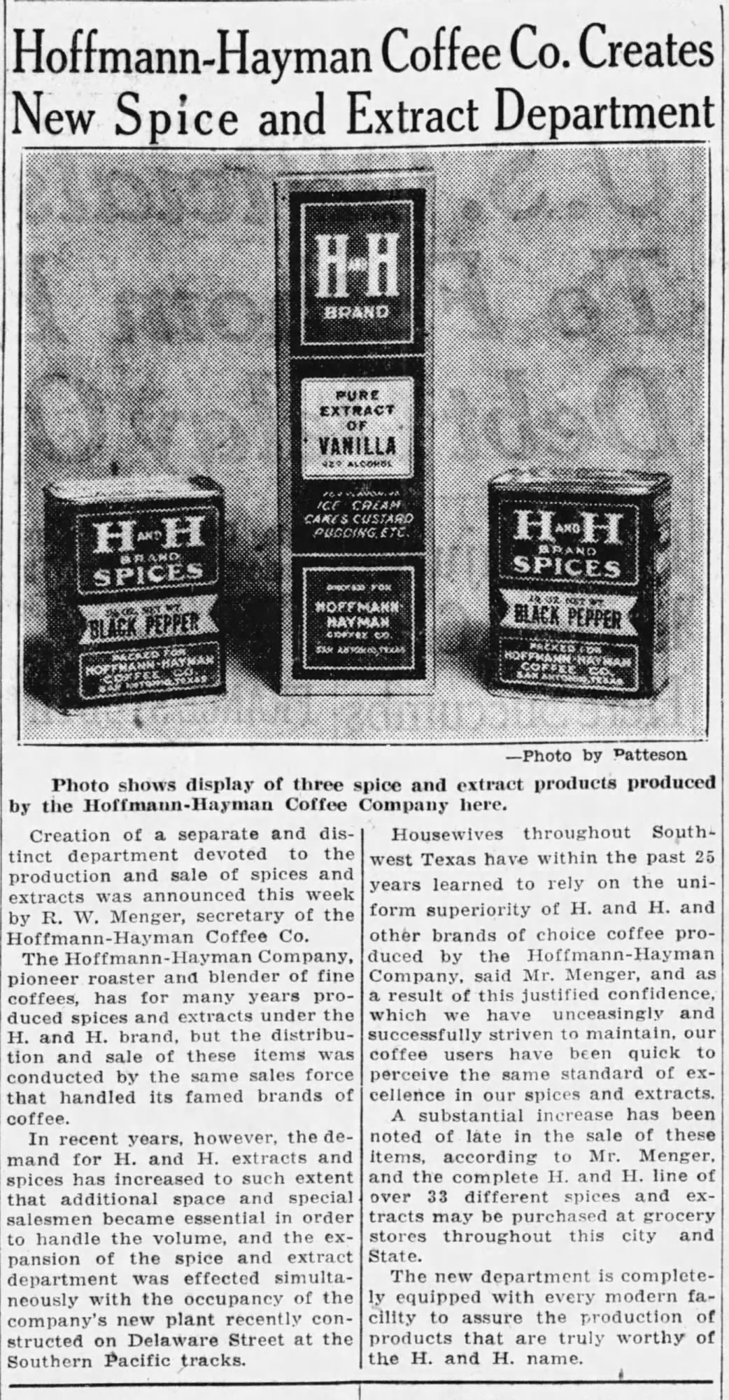New spice and extract department — Express-News, 28 Nov 1932 Spice and extract display with article; Express-News, 28 Nov 1932, page 2