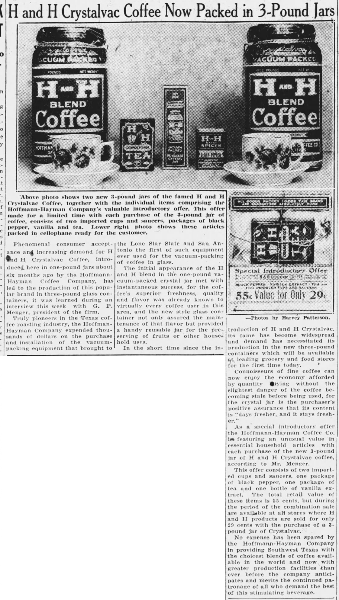 Crystalvac 3-pound jars — Express-News, 19 Dec 1932 Crystalvac 3-pound jars, introductory-offer bundle, and article; Express-News, 19 Dec 1932, page 8