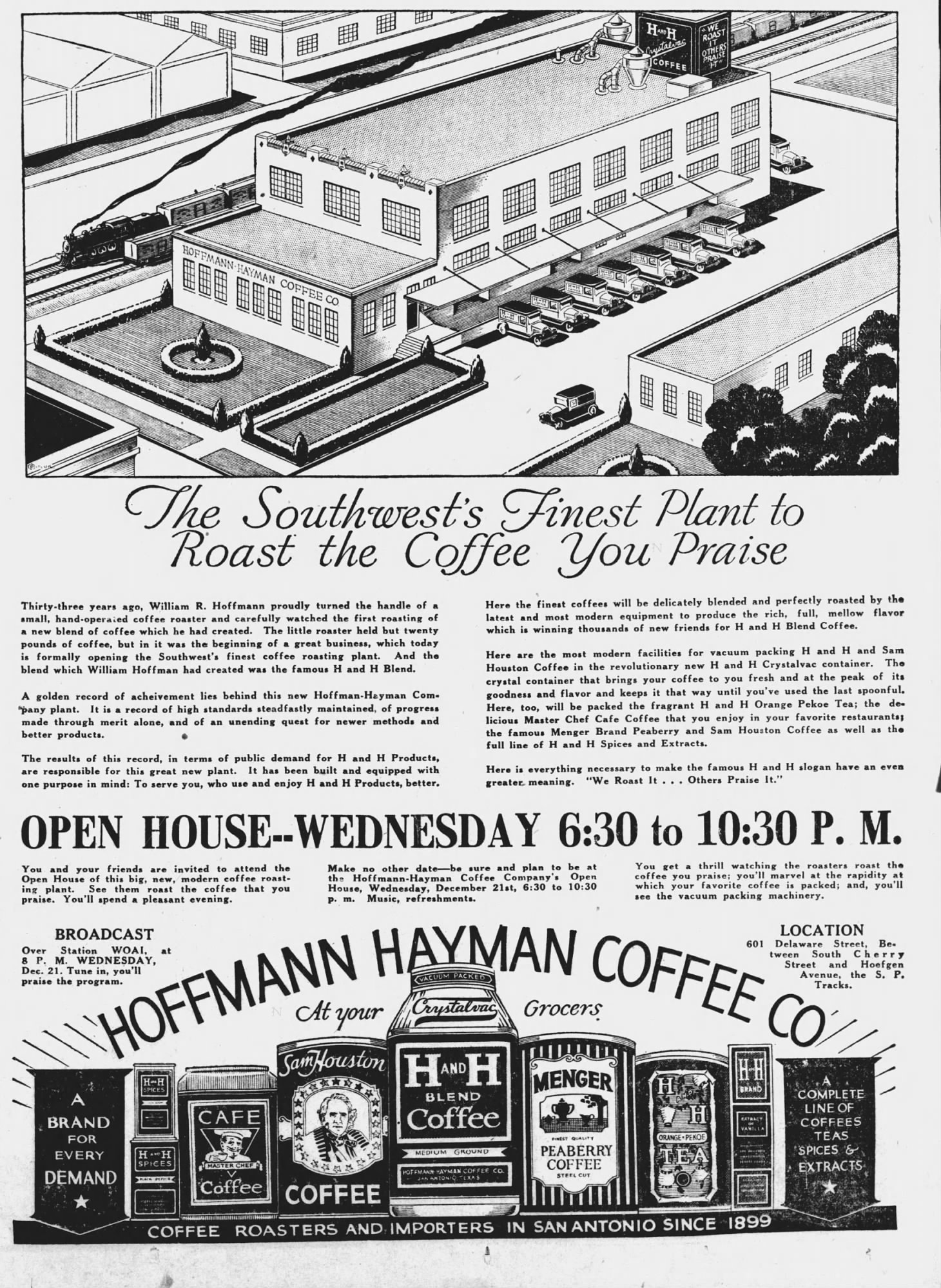 Southwest's finest plant — Hoffmann-Hayman; Express-News, 21 Dec 1932 Full-page Hoffmann-Hayman open-house ad with plant rendering and product line — Express-News, 21 Dec 1932, page 5
