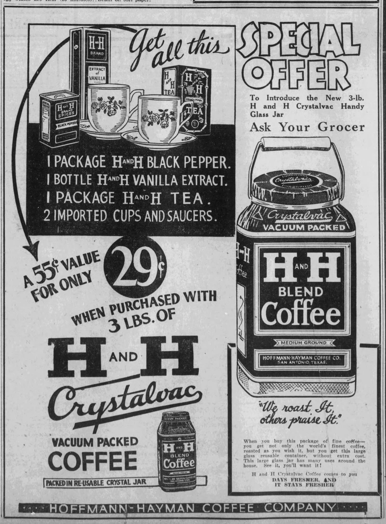 San Antonio Light, 23 Dec 1932 — Crystalvac 3-lb. Handy Glass Jar SPECIAL OFFER, the bail-handled jar matching this Colleyville example Hoffmann-Hayman Crystalvac "SPECIAL OFFER" 3-lb. Handy Glass Jar ad — San Antonio Light, 23 December 1932, p. 15 — bail-handled jar at right matches this Colleyville example