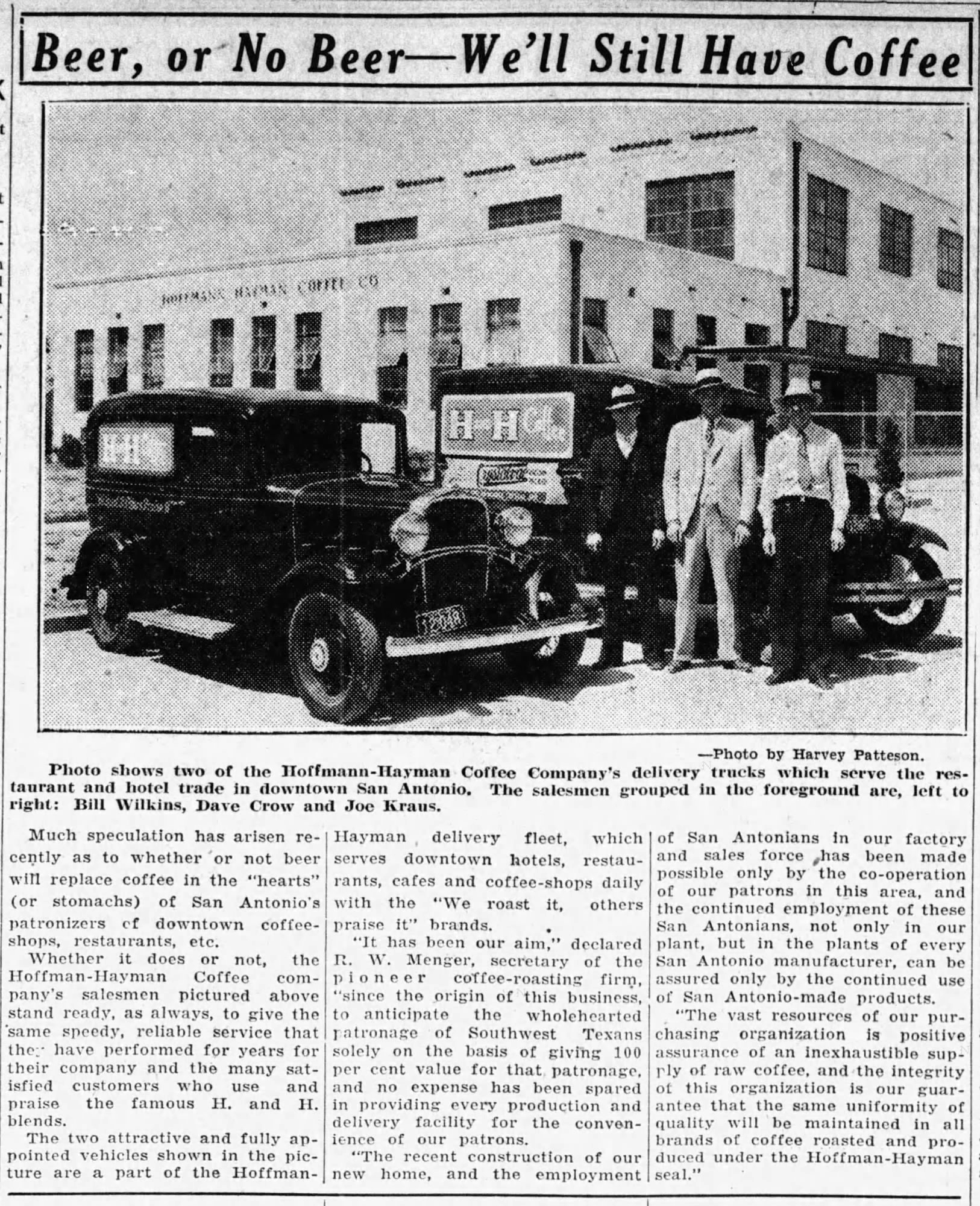 Express-News, 27 Mar 1933 — beer or coffee Photo feature — Hoffmann-Hayman trucks and factory; beer vs. coffee copy — Express-News, 27 Mar 1933, page 10