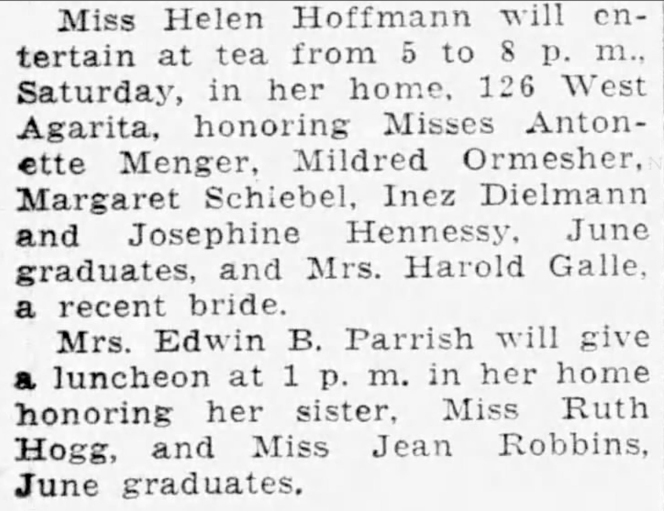 Miss Helen Hoffmann entertains at tea — Express-News, 13 May 1933 Miss Helen Hoffmann entertains at tea — Express-News, 13 May 1933