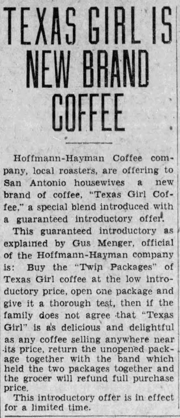 Texas Girl is new brand — column scan only, 20 Oct 1933 Embedded newspaper column: Texas Girl is new brand coffee — San Antonio Light, 20 Oct 1933, p. 29