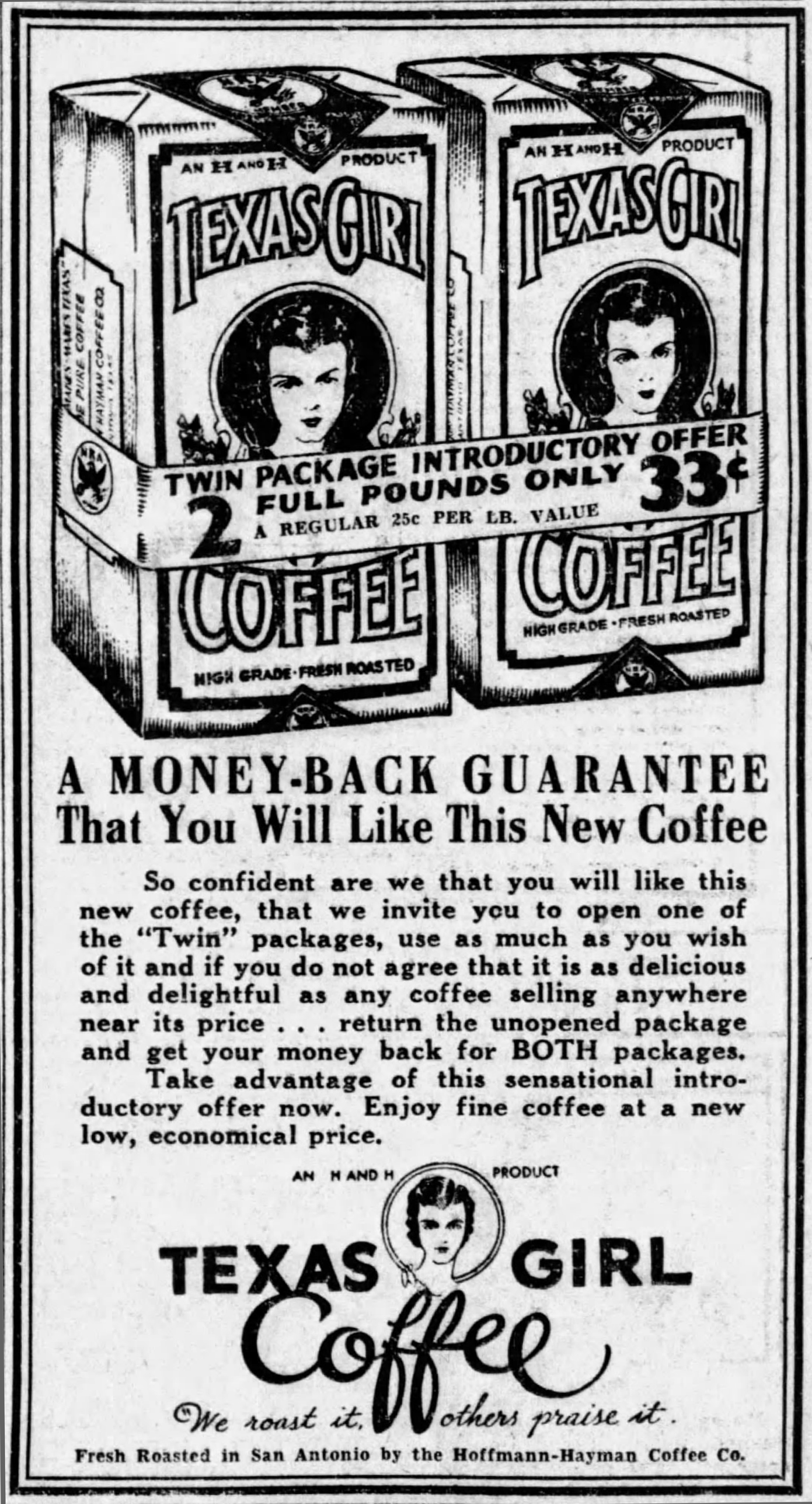 Texas Girl twin package — display scan only, 26 Oct 1933 Embedded newspaper display: Texas Girl twin package, money-back copy — San Antonio Express-News, 26 Oct 1933, p. 6