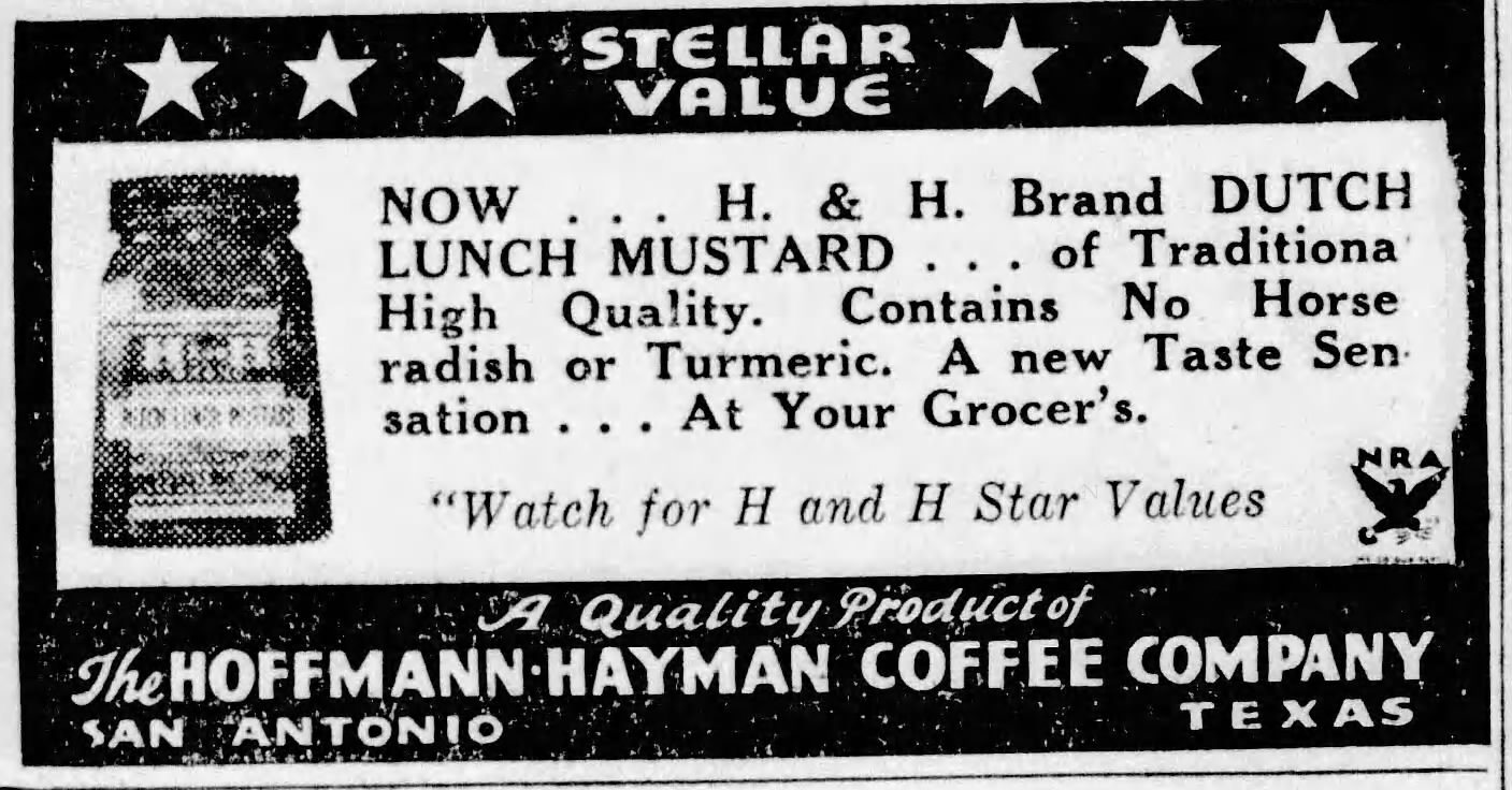 Dutch Lunch Mustard — display scan only, 25 Nov 1933 Embedded newspaper display: H and H Dutch Lunch Mustard — The News, 25 Nov 1933, p. 6
