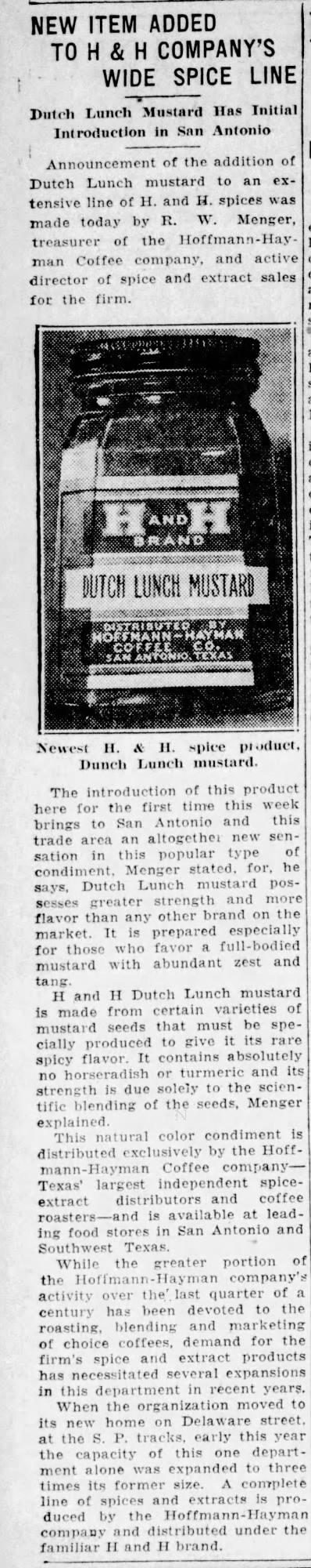 New item, H and H spice line — column scan only, 25 Nov 1933 Embedded newspaper column: new H and H spice line item (Dutch Lunch mustard); The News, 25 Nov 1933, p. 6