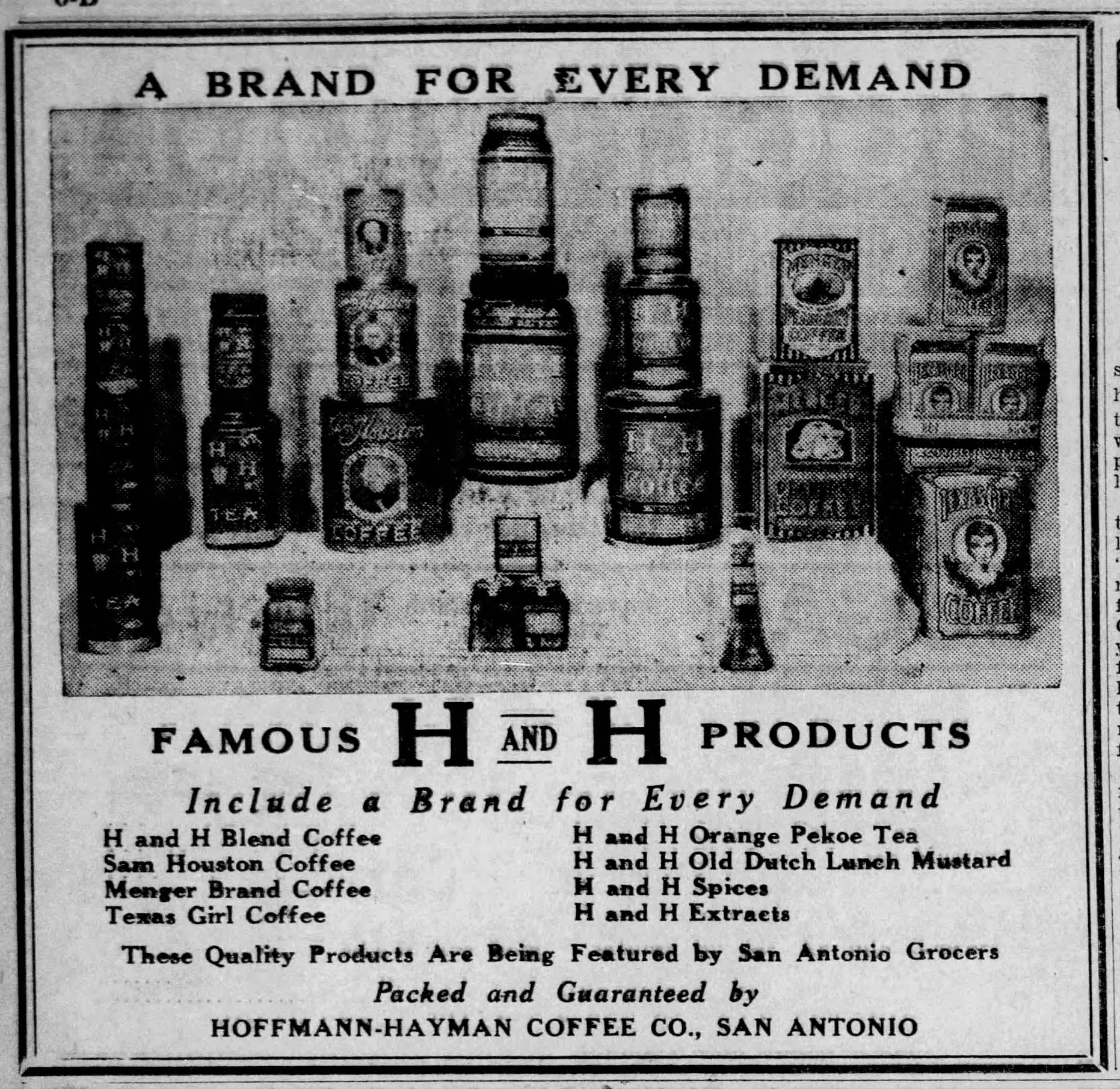 San Antonio Light, 16 Mar 1934, p. 28 — A Brand for Every Demand Hoffmann-Hayman "A Brand for Every Demand" 1934 product census display ad — San Antonio Light, 16 March 1934, p. 28