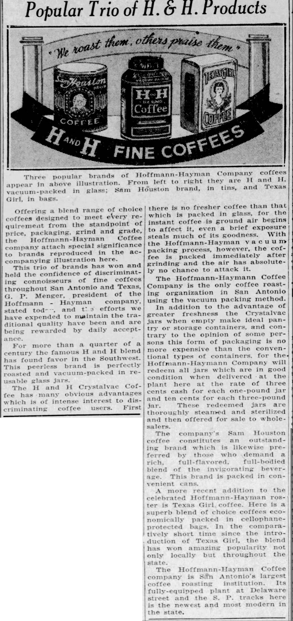 The News, 26 May 1934 — H and H trio feature “Popular Trio of H. & H. Products” — three-package illustration; vacuum glass, tins, bags — The News, 26 May 1934, page 10