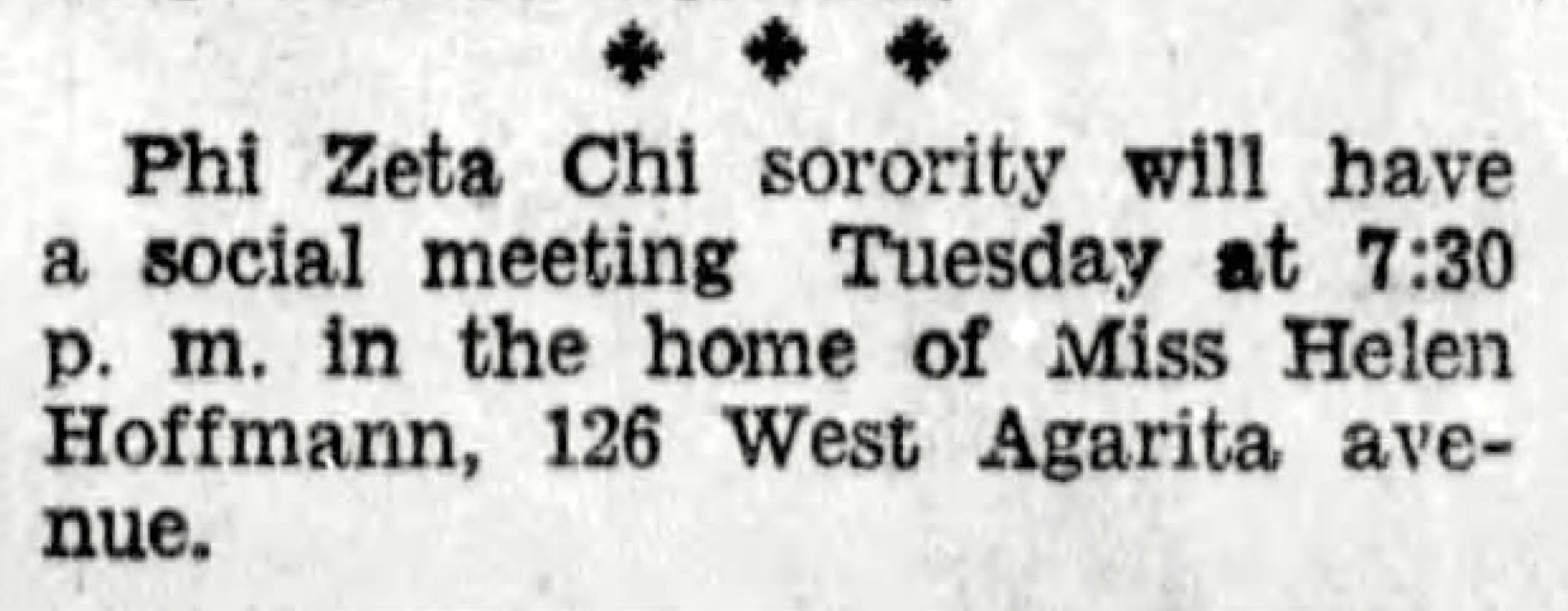 Phi Zeta Chi sorority at Helen Hoffmann's home — San Antonio Light, 7 Oct 1934 Phi Zeta Chi sorority at Helen Hoffmann's home — San Antonio Light, 7 Oct 1934
