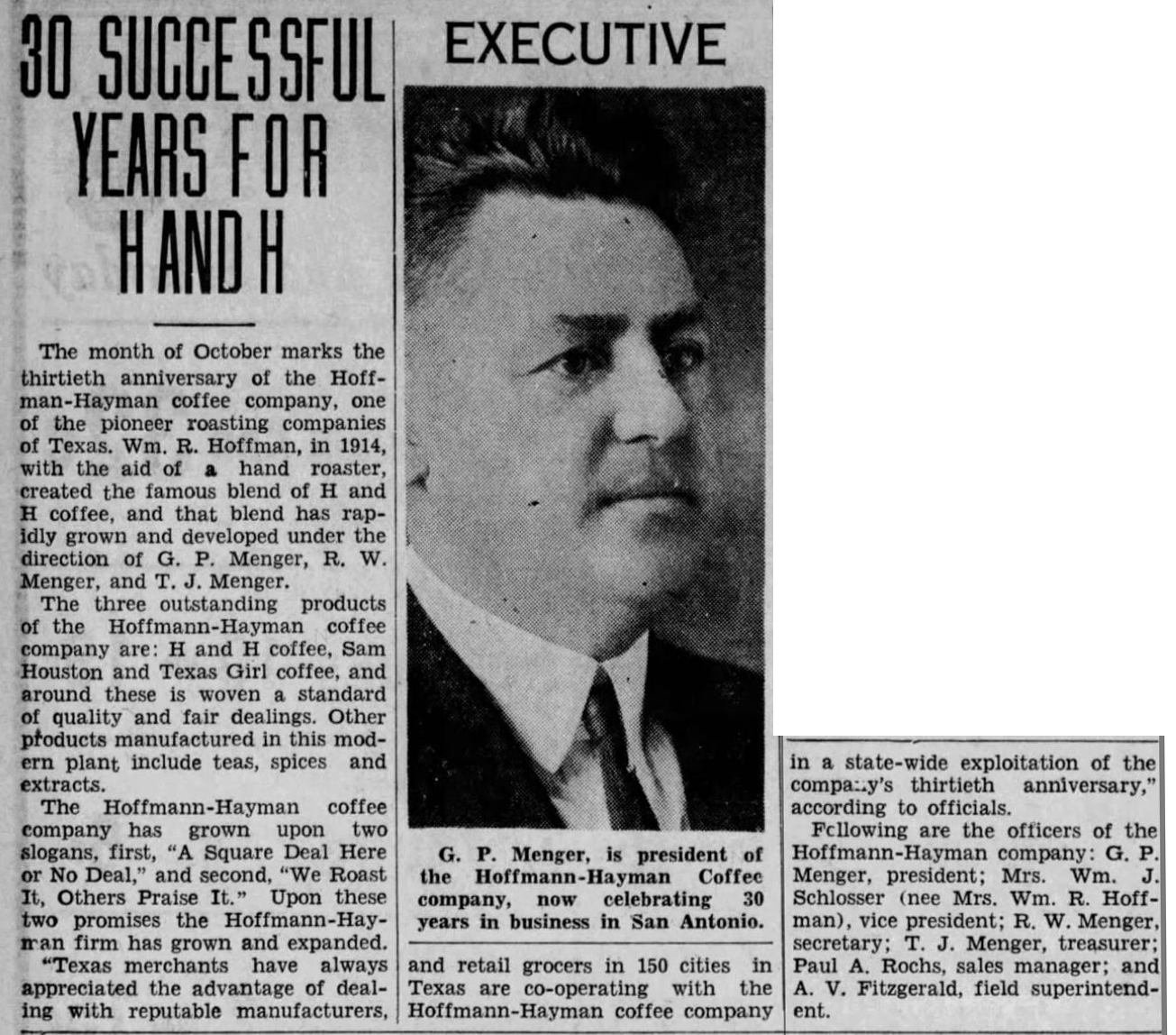 Embedded newspaper page: “30 successful years for H and H,” G. P. Menger portrait, roaster line art — San Antonio Light, 12 Oct 1934, p. 25