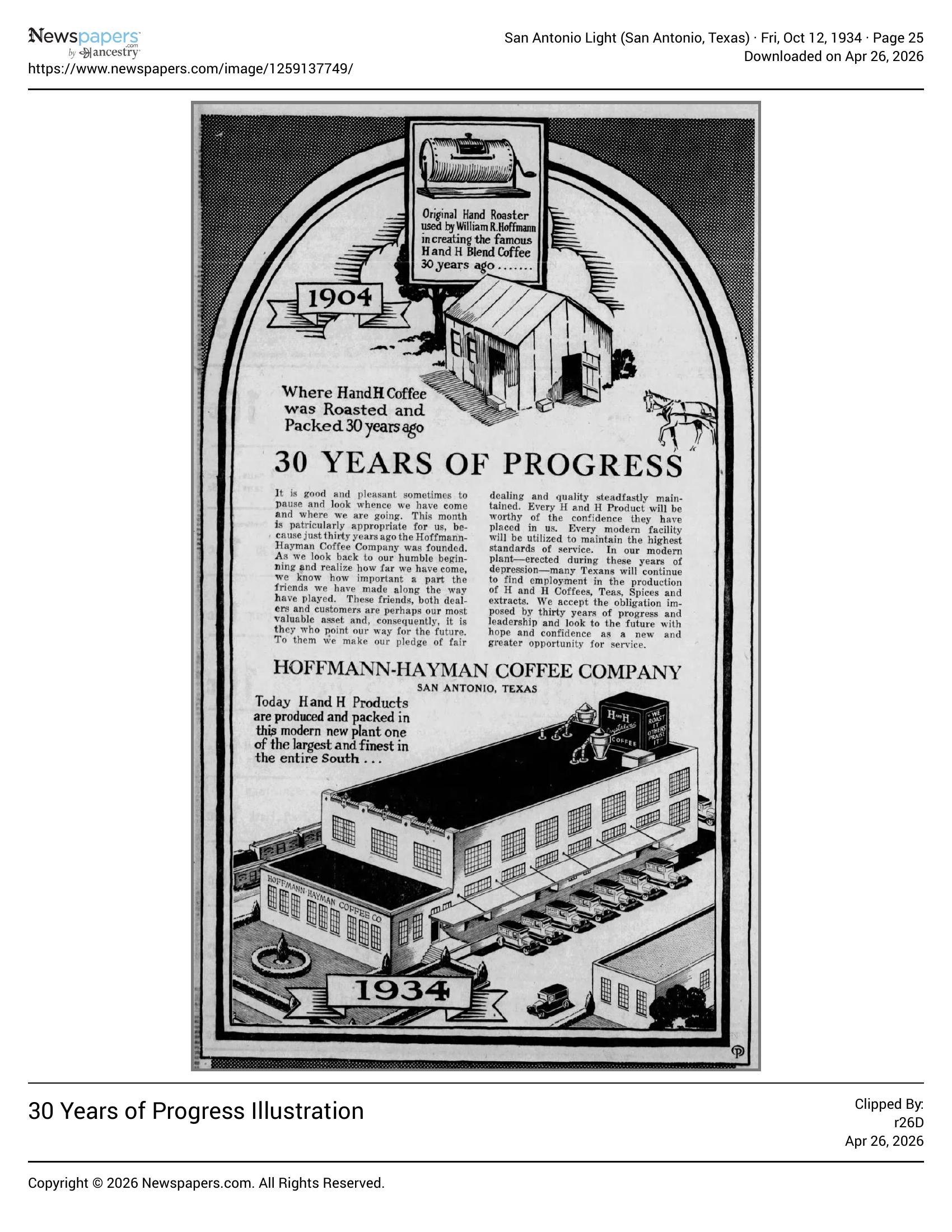 30 Years of Progress — full-page ad scan only, 12 Oct 1934 Embedded newspaper display: 30 Years of Progress — 1904 vs 1934; San Antonio Light, 12 Oct 1934, p. 25