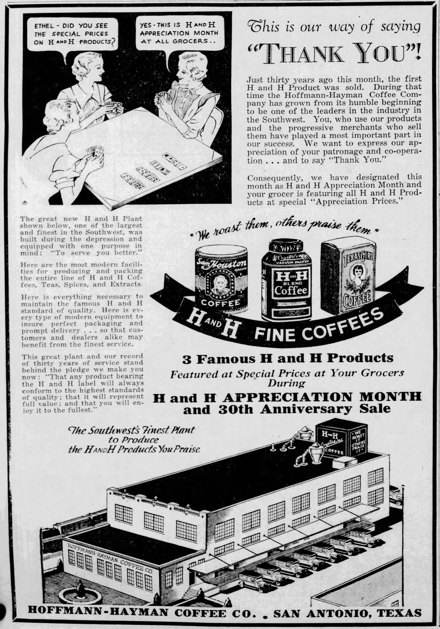 Embedded newspaper display: H and H Appreciation Month / Thank You — The News, 19 Oct 1934, p. 18