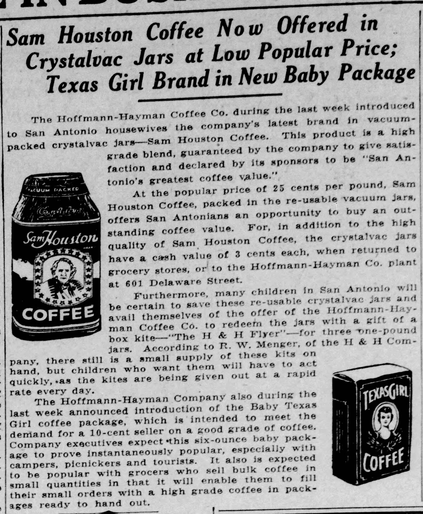 Sam Houston Coffee Now Offered in Crystalvac Jars — The News, 9 March 1935 Sam Houston Coffee Now Offered in Crystalvac Jars — The News, 9 March 1935