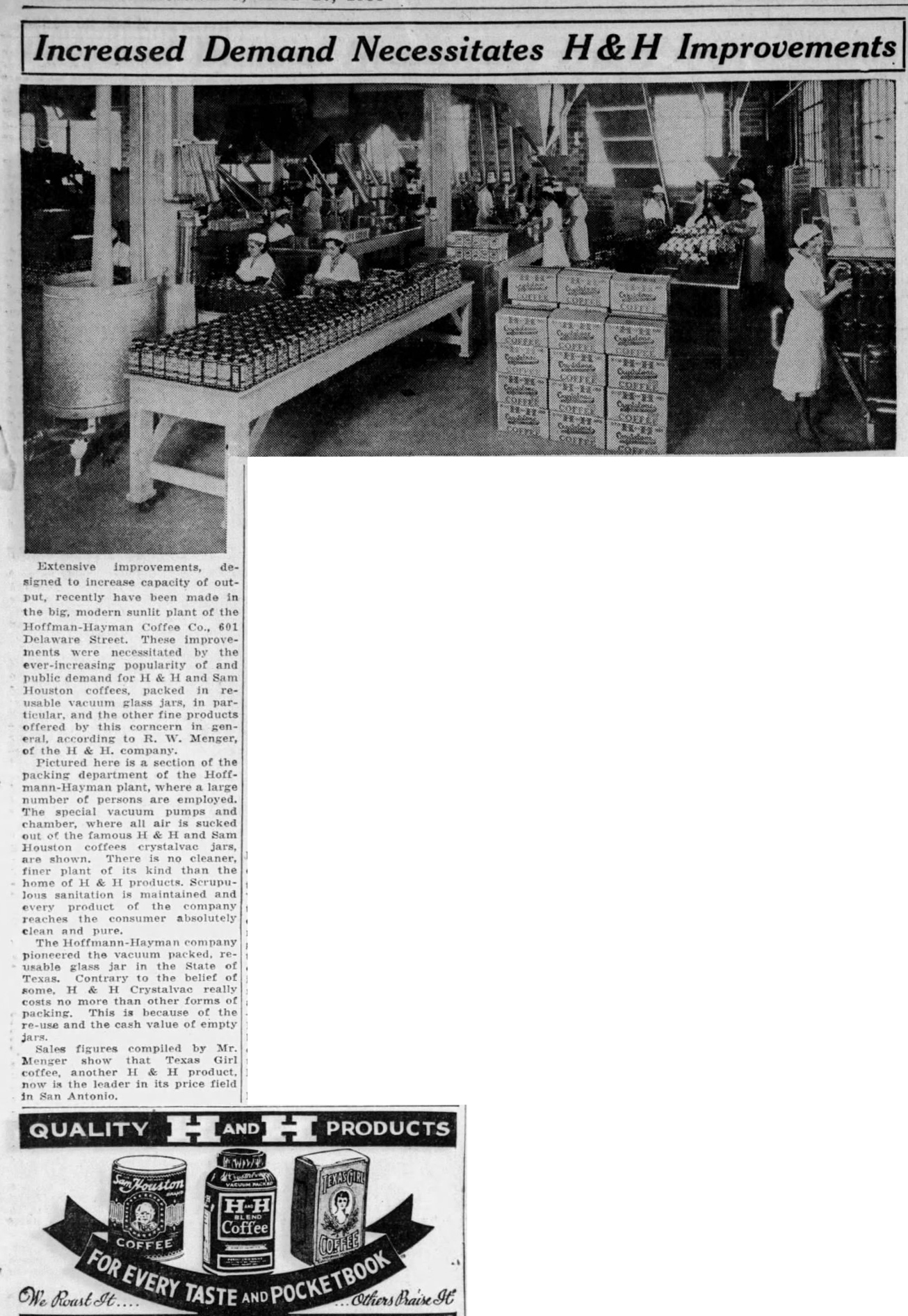 H&H improvements — page scan only, 20 May 1935 Embedded newspaper page: H&H improvements, packing department — San Antonio Express-News, 20 May 1935, p. 7