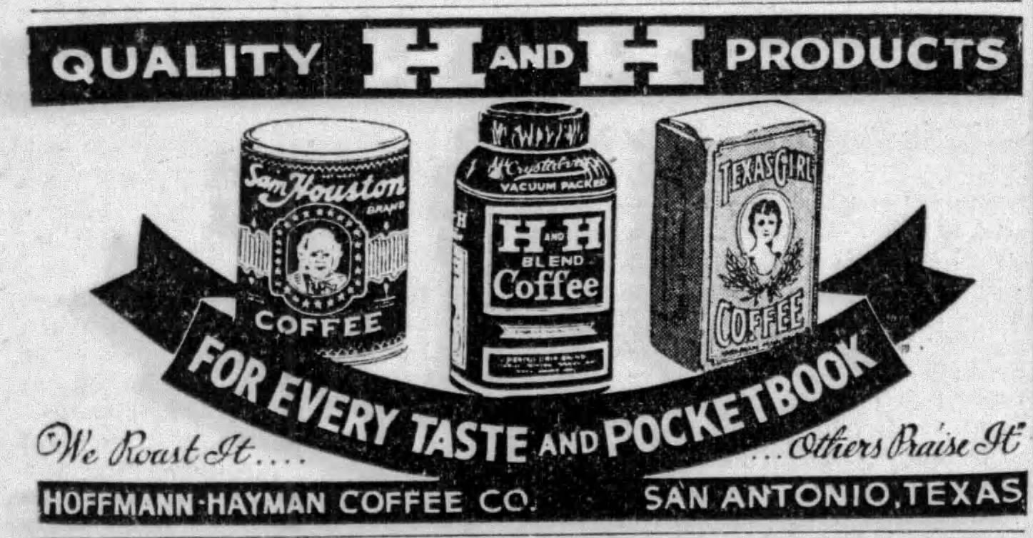 Express-News, 22 Jul 1935 — Quality H and H products Three-product spread — Sam Houston tin, vacuum-packed H and H Blend jar, Texas Girl pack — Express-News, 22 Jul 1935, page 7