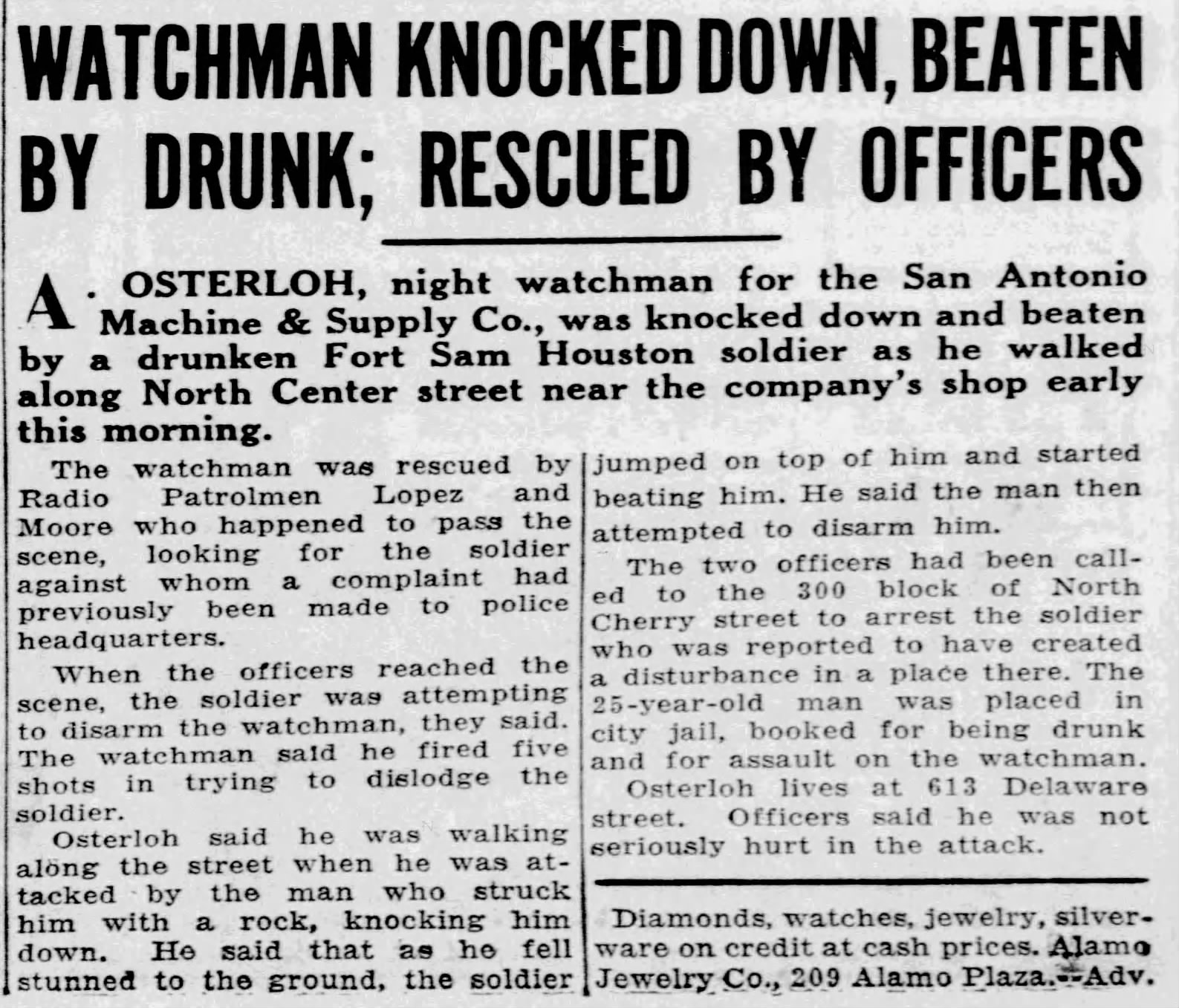 The News, 2 October 1936 — assault on night watchman A. Osterloh, 613 Delaware St. 1936 The News — watchman assault near 613 Delaware Street