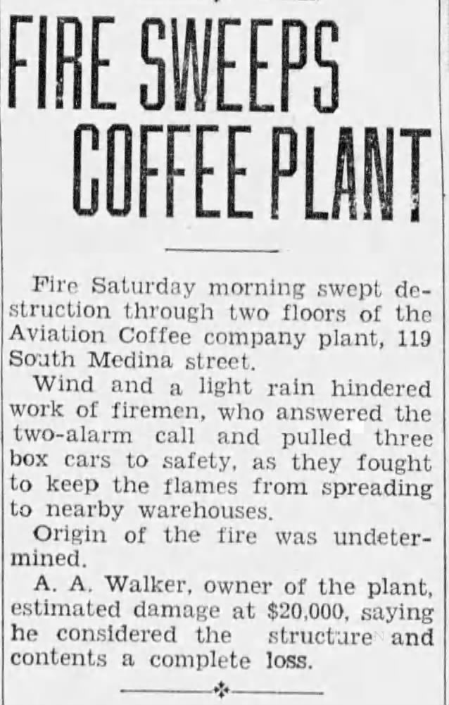 San Antonio Light — Aviation Coffee plant fire, 27 February 1937