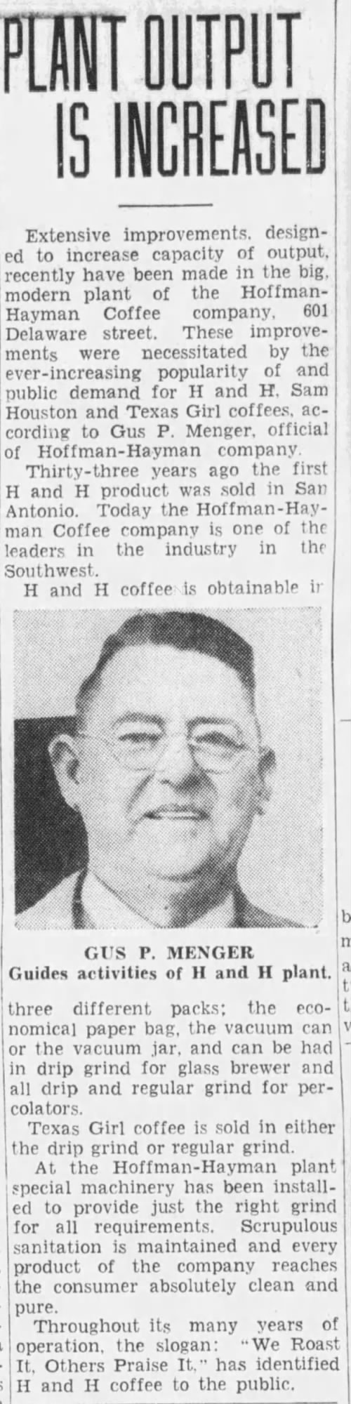 Embedded newspaper column: plant output increased, Gus P. Menger portrait — San Antonio Light, 21 Nov 1937, p. 98