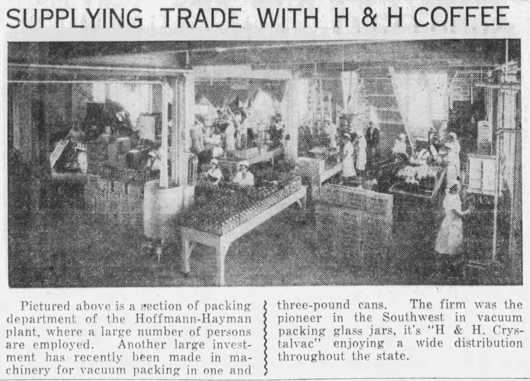 Supplying trade with H & H Coffee — scan only, 21 Nov 1937 Embedded newspaper item: packing department, “Supplying trade with H & H Coffee” — San Antonio Light, 21 Nov 1937, p. 98
