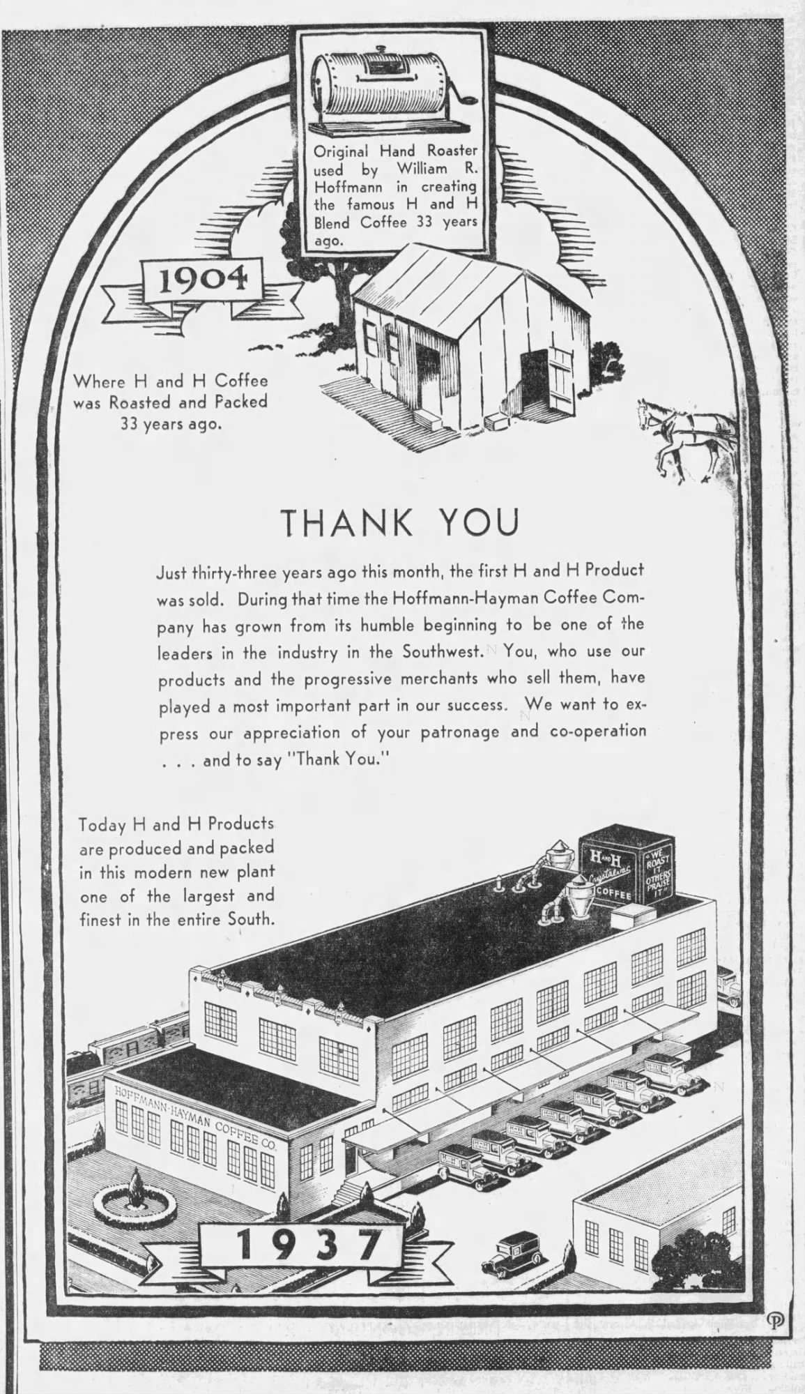 Embedded newspaper display: Thank You — 1904 vs 1937, Hoffmann–Hayman — San Antonio Light, 21 Nov 1937, p. 98