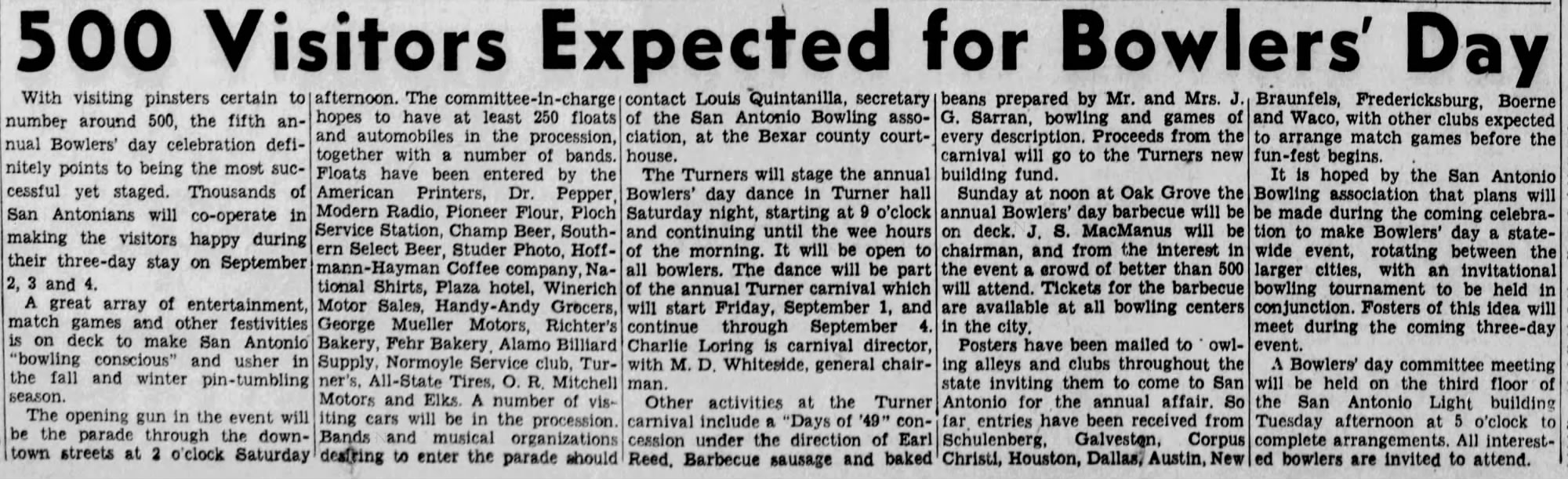 San Antonio Light — 20 August 1939, page 20 Multi-column news article on fifth annual Bowlers’ Day with parade float list naming Hoffmann-Hayman Coffee company