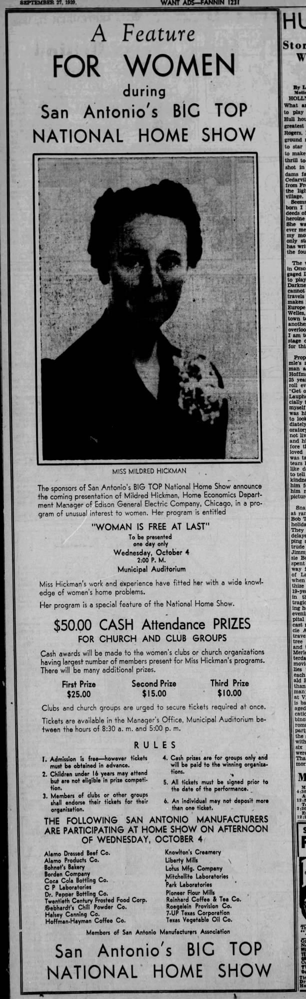 San Antonio Light — 27 September 1939, page 17 Vertical ad for women’s program at Big Top Home Show with manufacturer list including Hoffman-Hayman Coffee Co.