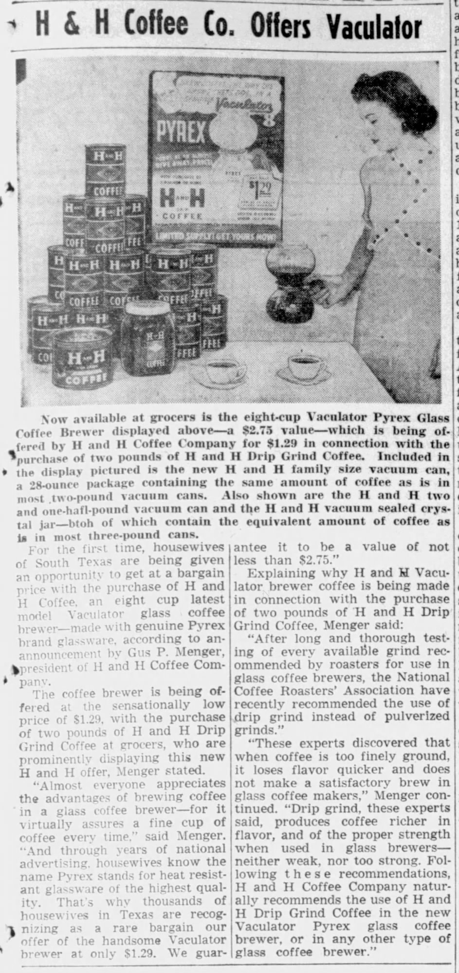 H & H Coffee Co. Offers Vaculator — The News, 6 June 1941 H & H Coffee Co. Offers Vaculator — The News, 6 June 1941