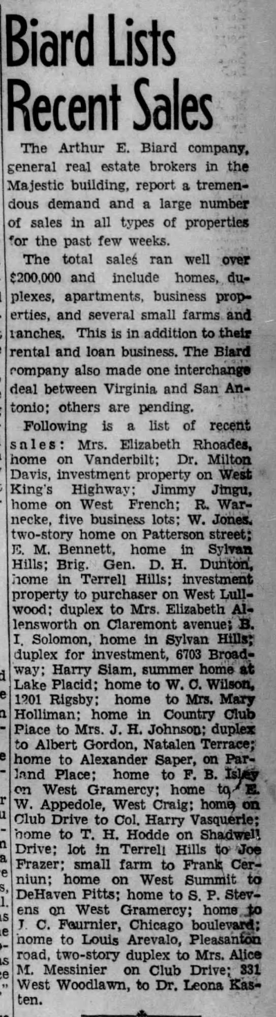 SA Light, 4 Oct 1942 — Biard real estate, S. P. Stevens, West Gramercy San Antonio Light, 4 Oct 1942, p. 61 — Arthur E. Biard Company real estate sales column listing a home sale "to S. P. Stevens on West Gramercy."