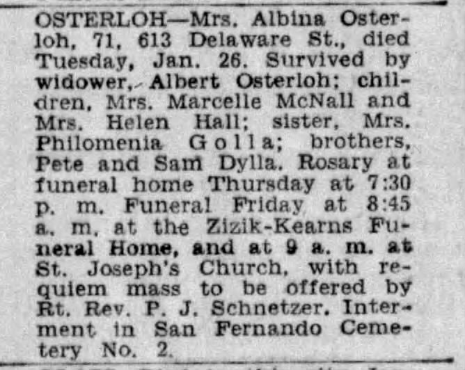 San Antonio Express-News, 28 January 1943 — Mrs. Albina Osterloh, 613 Delaware St. 1943 Express-News obituary — Mrs. Albina Osterloh, 613 Delaware St.