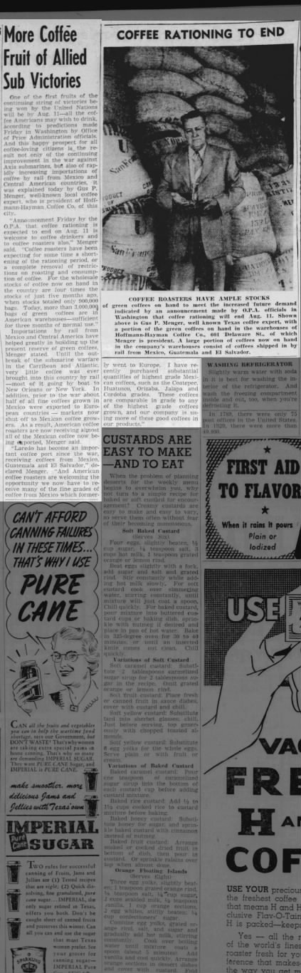 The News — 23 July 1943, page 28 Narrow newspaper strip with “More Coffee Fruit of Allied Sub Victories,” “Coffee Rationing to End,” and related wartime food ads