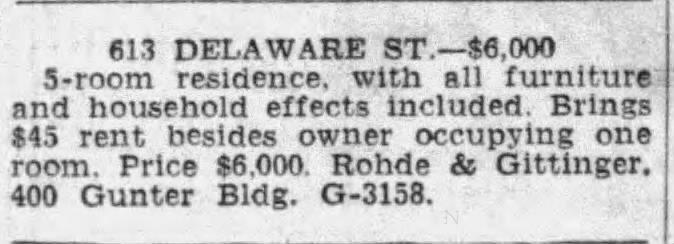 San Antonio Express-News, 26 August 1943 — 613 Delaware St. residence for sale 1943 Express-News real estate ad — 613 Delaware St. $6,000