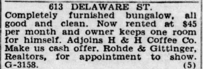 San Antonio Express-News, 5 March 1944 — 613 Delaware bungalow adjoining H & H Coffee Co. 1944 Express-News — furnished bungalow at 613 Delaware adjoining H and H Coffee Co.