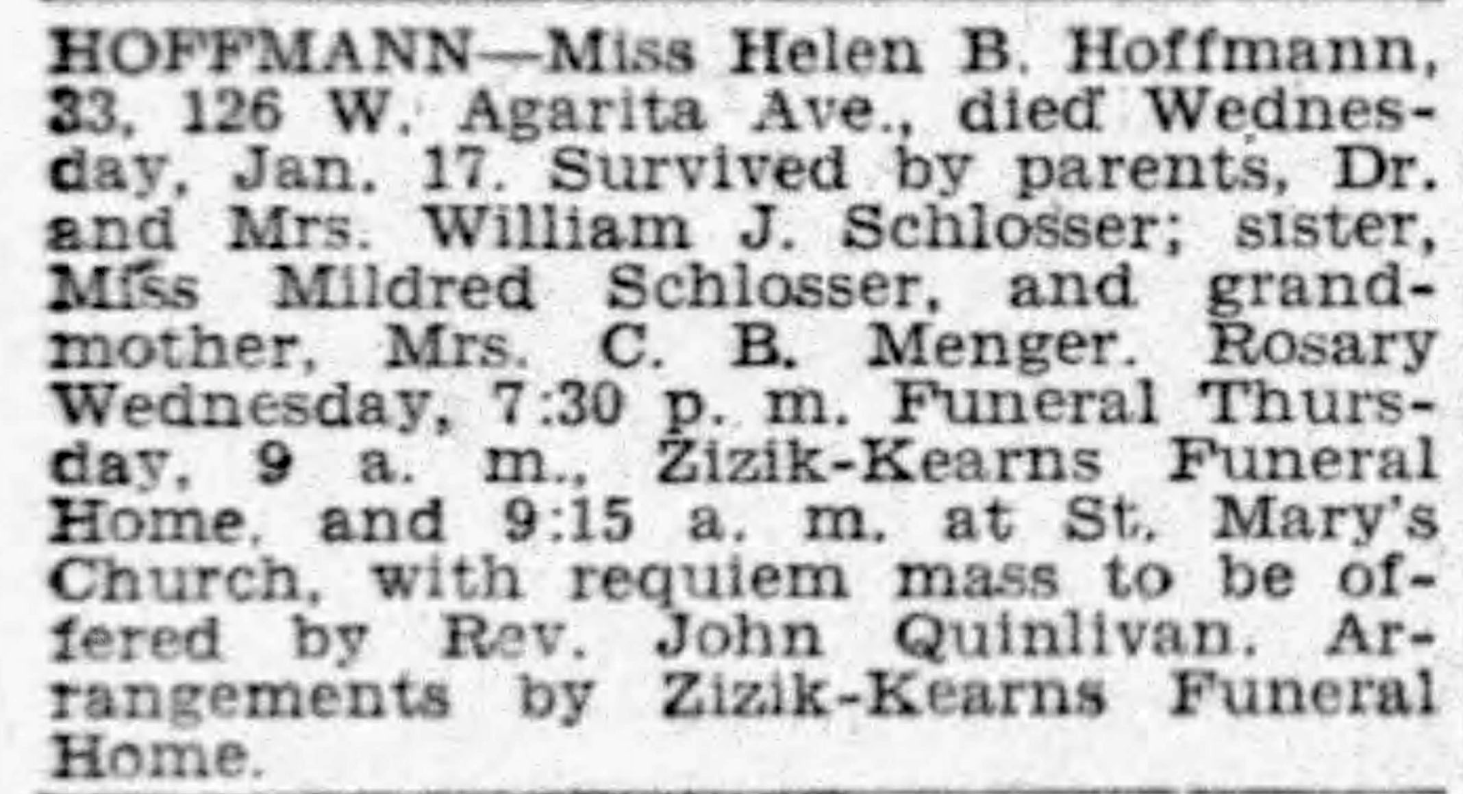Death notice — Miss Helen B. Hoffmann — Express-News, 18 Jan 1945 Death notice — Miss Helen B. Hoffmann — Express-News, 18 Jan 1945